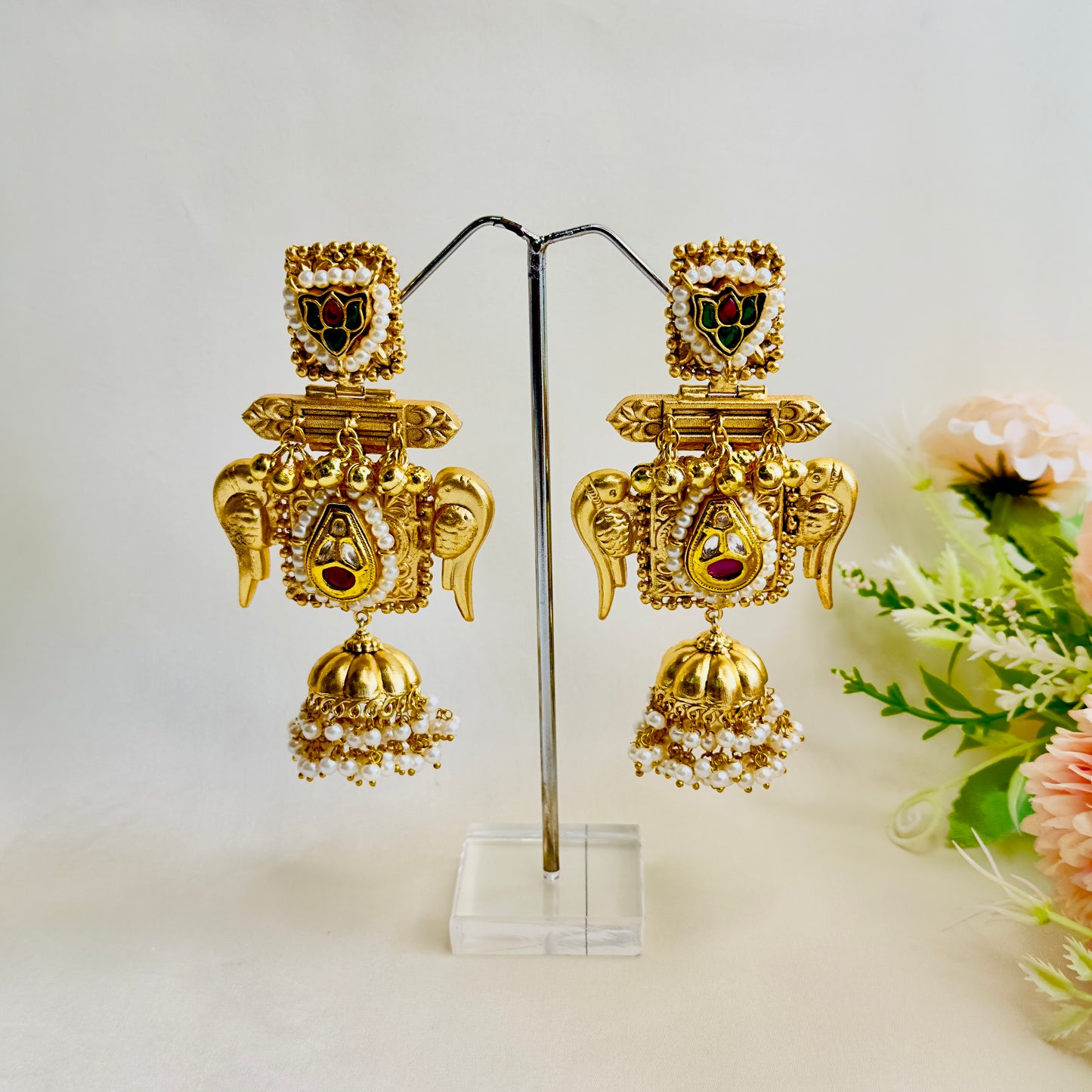 Bird Motif Golden jhumka Earrings