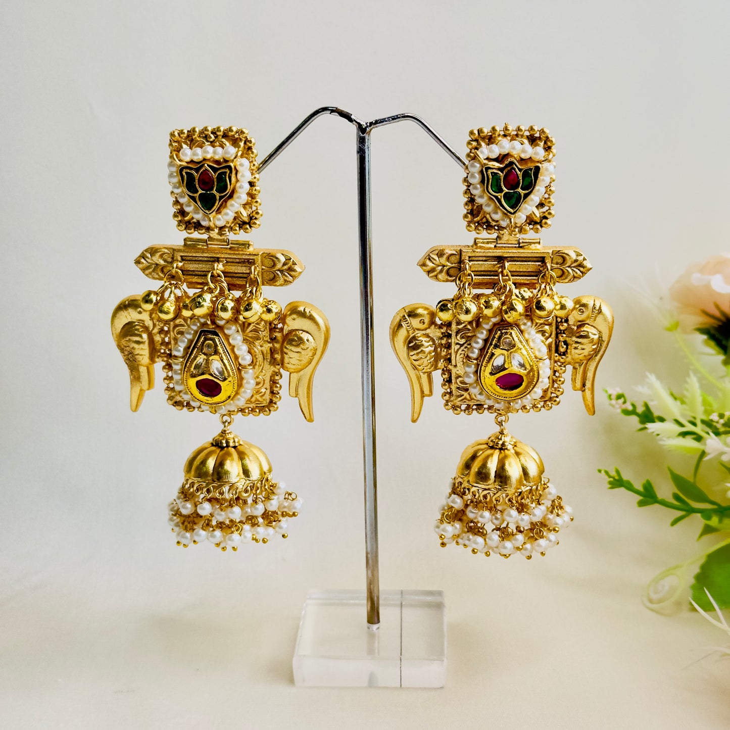 Bird Motif Golden jhumka Earrings