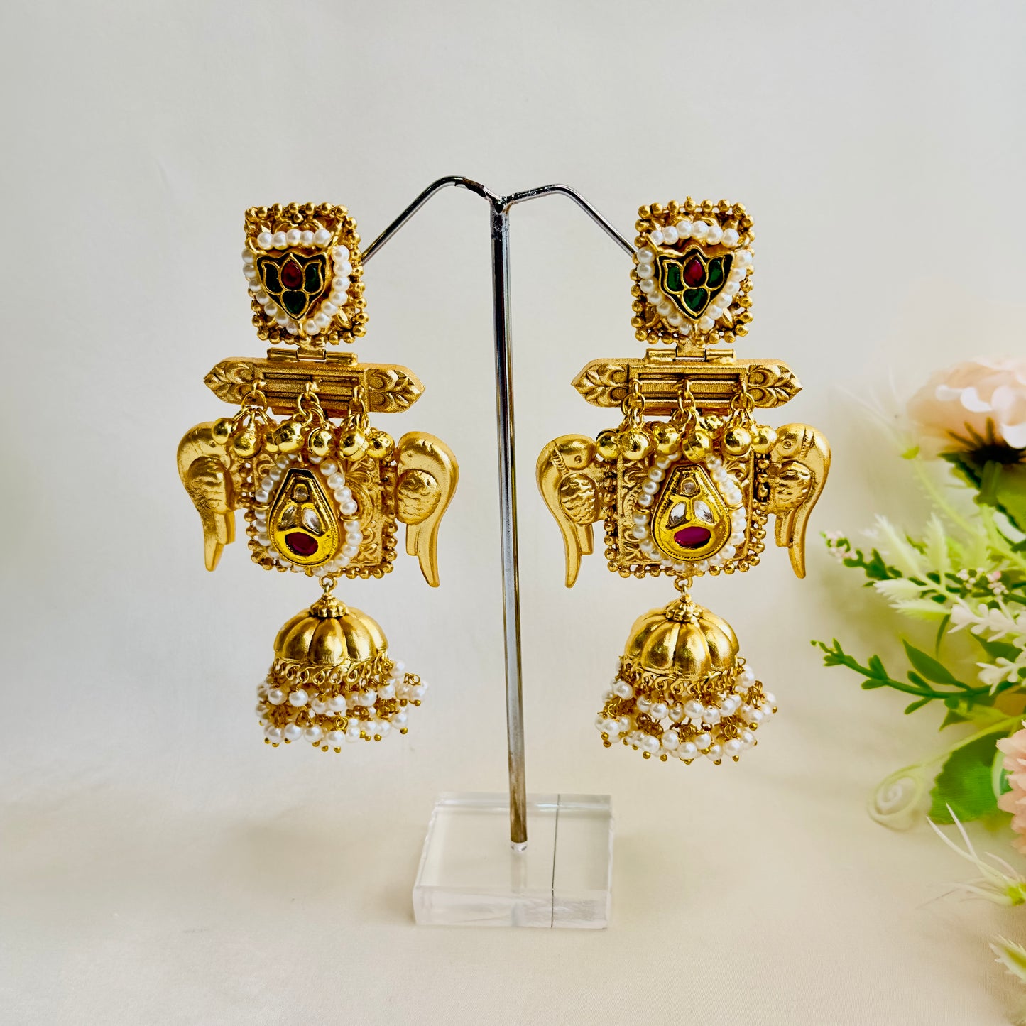 Bird Motif Golden jhumka Earrings