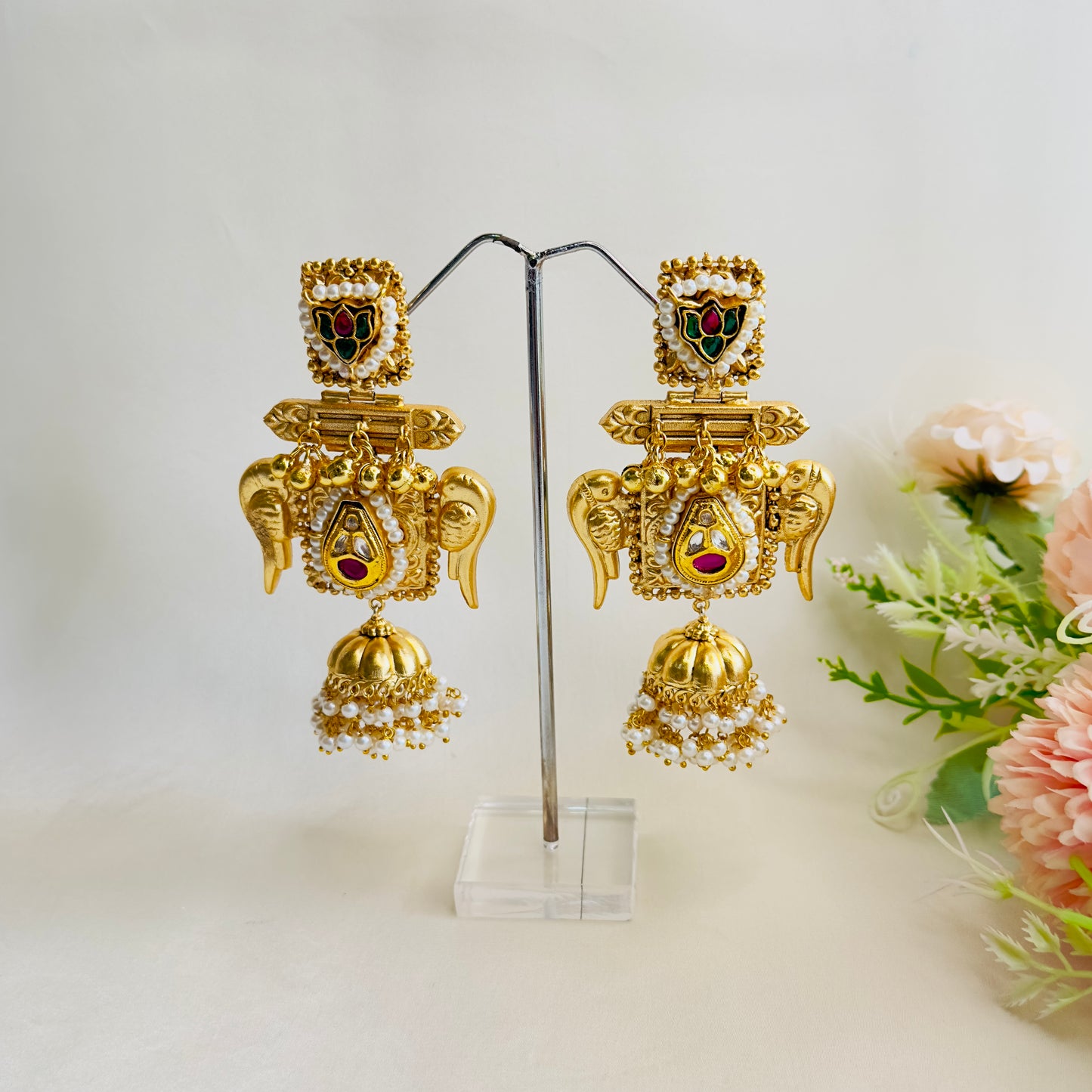 Bird Motif Golden jhumka Earrings