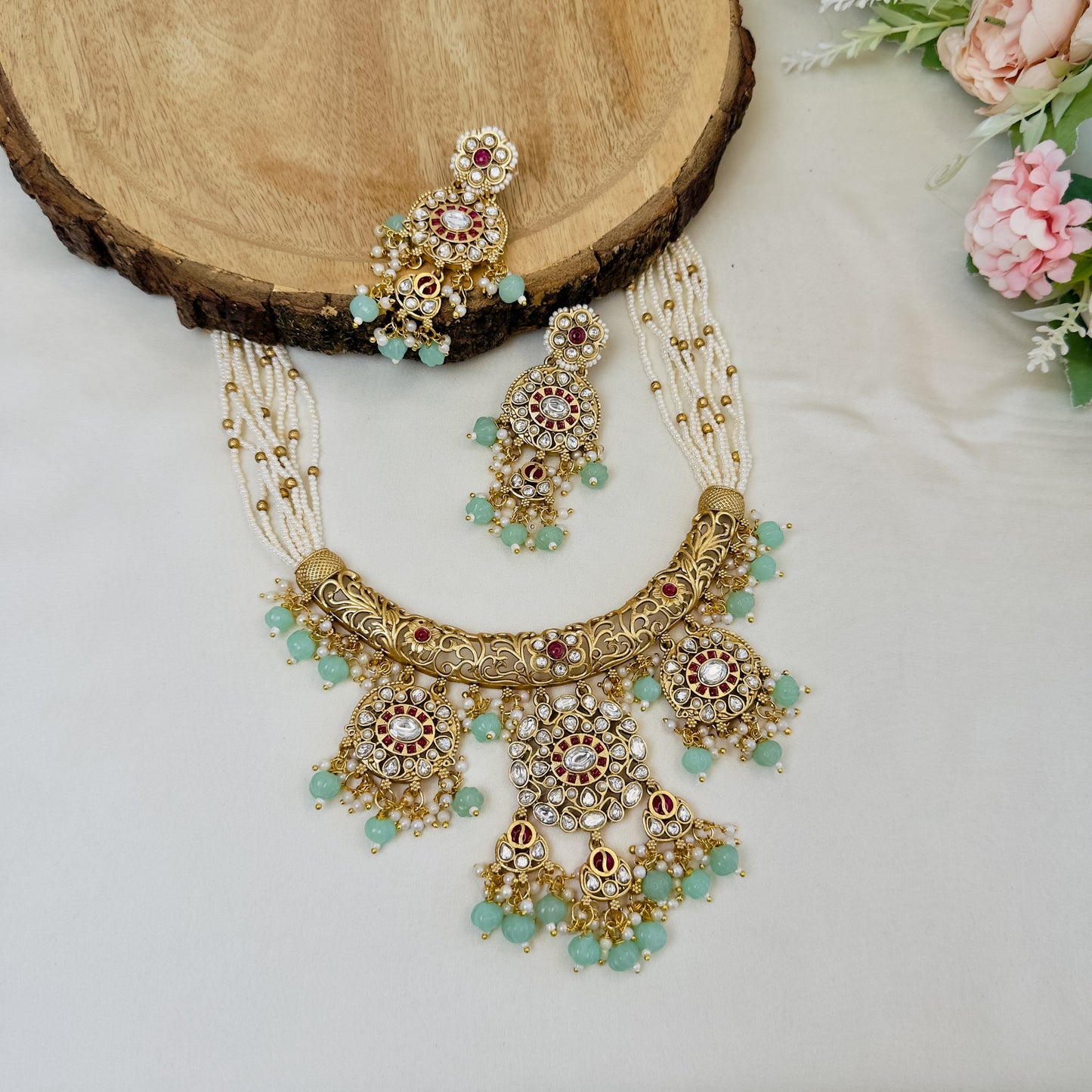 Three Pendant Rajwadi Necklace Set