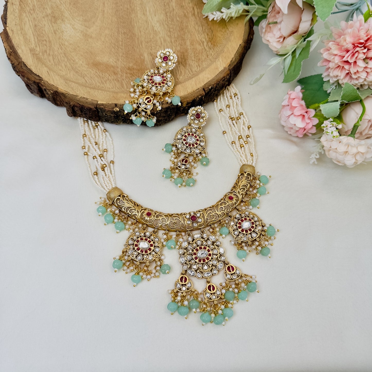 Three Pendant Rajwadi Necklace Set