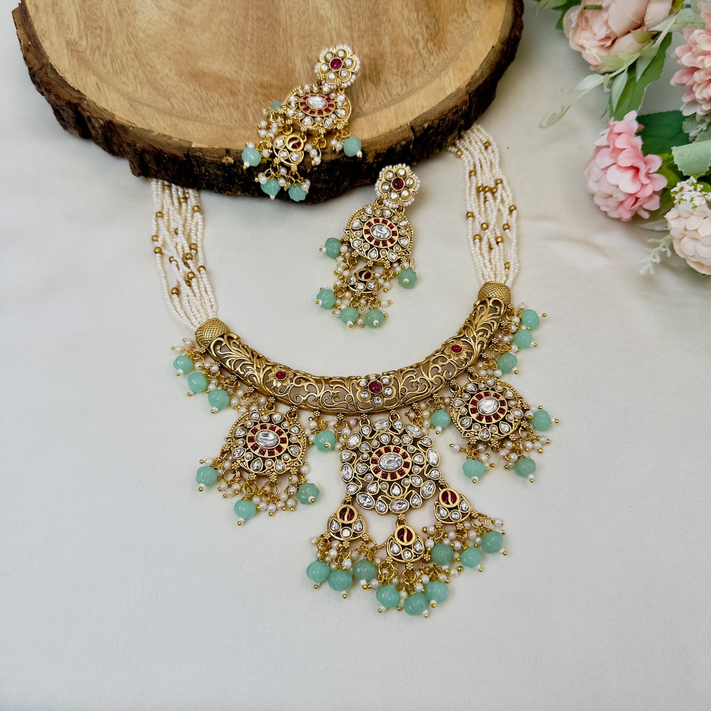 Three Pendant Rajwadi Necklace Set