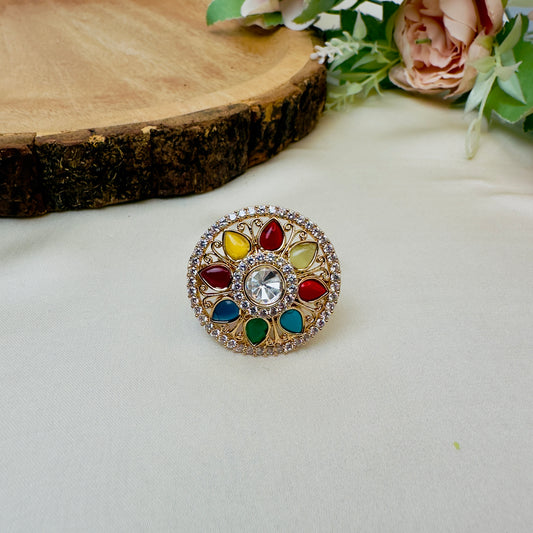 Stridhan 18K Gold Finish Kundan Polki Multi Color Ring