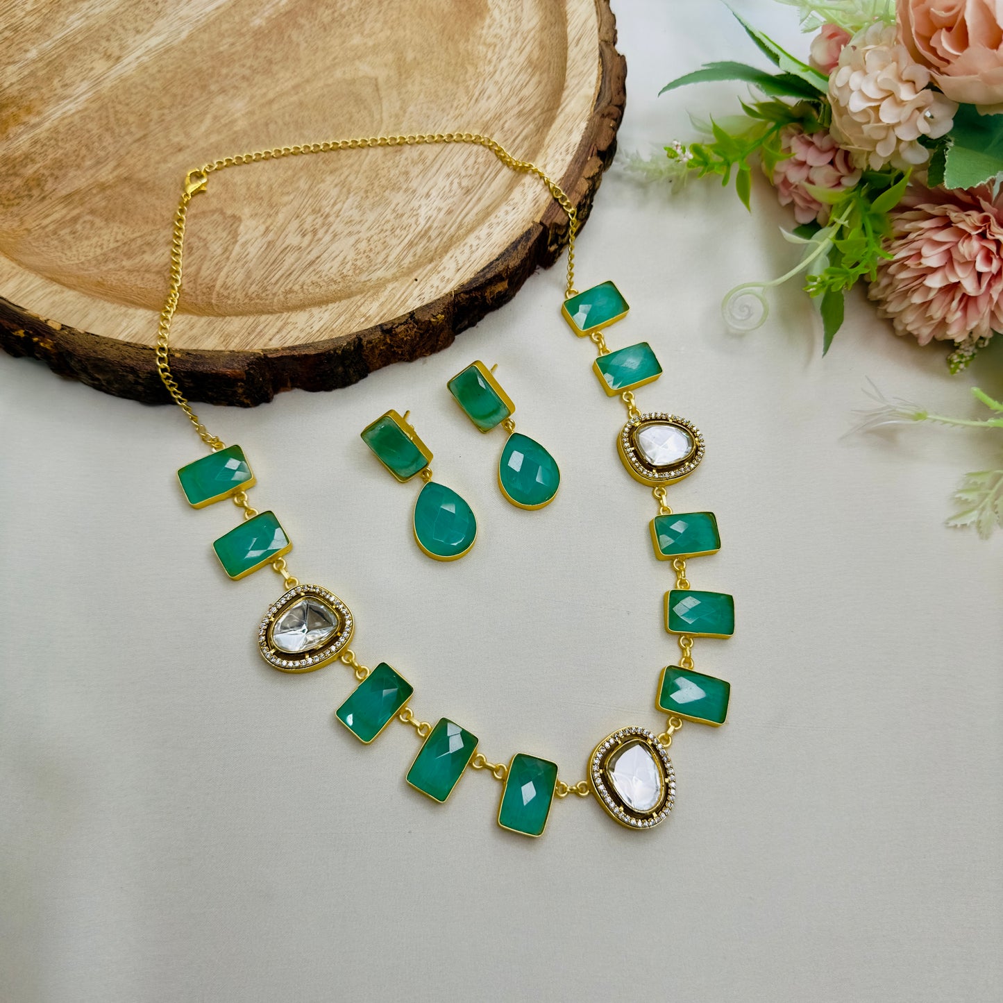 Uncut Polki Monalisa Stone Necklace Set