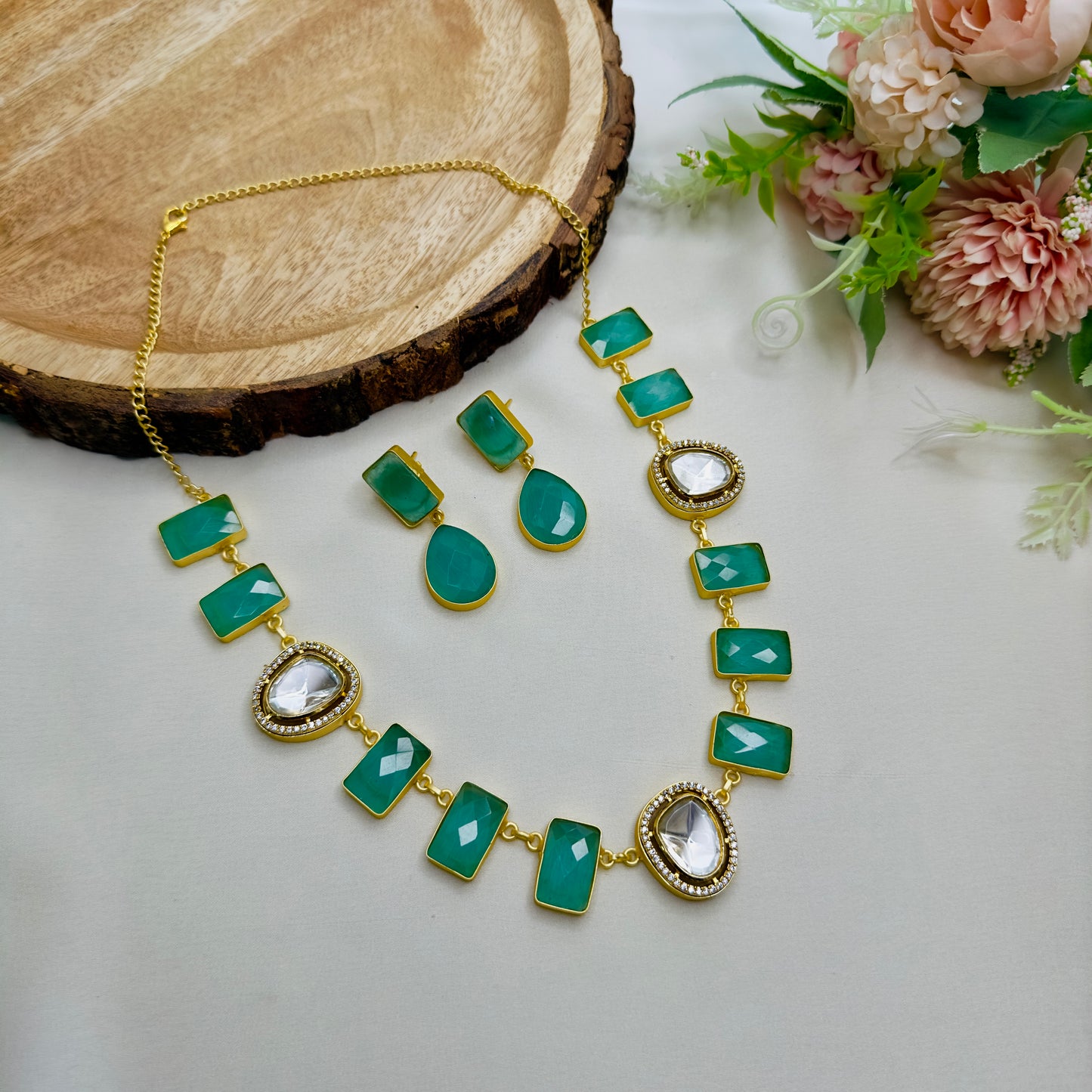 Uncut Polki Monalisa Stone Necklace Set