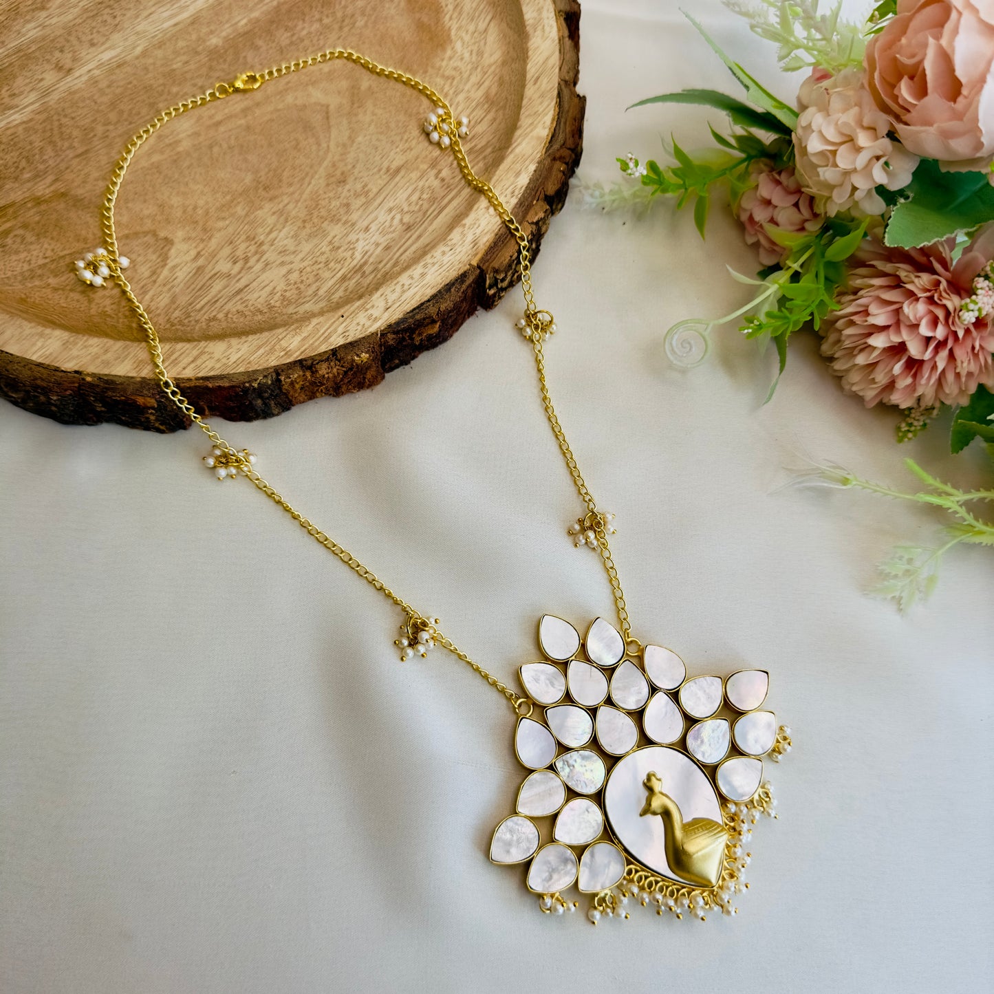 MOP Peacock Long chain pendant