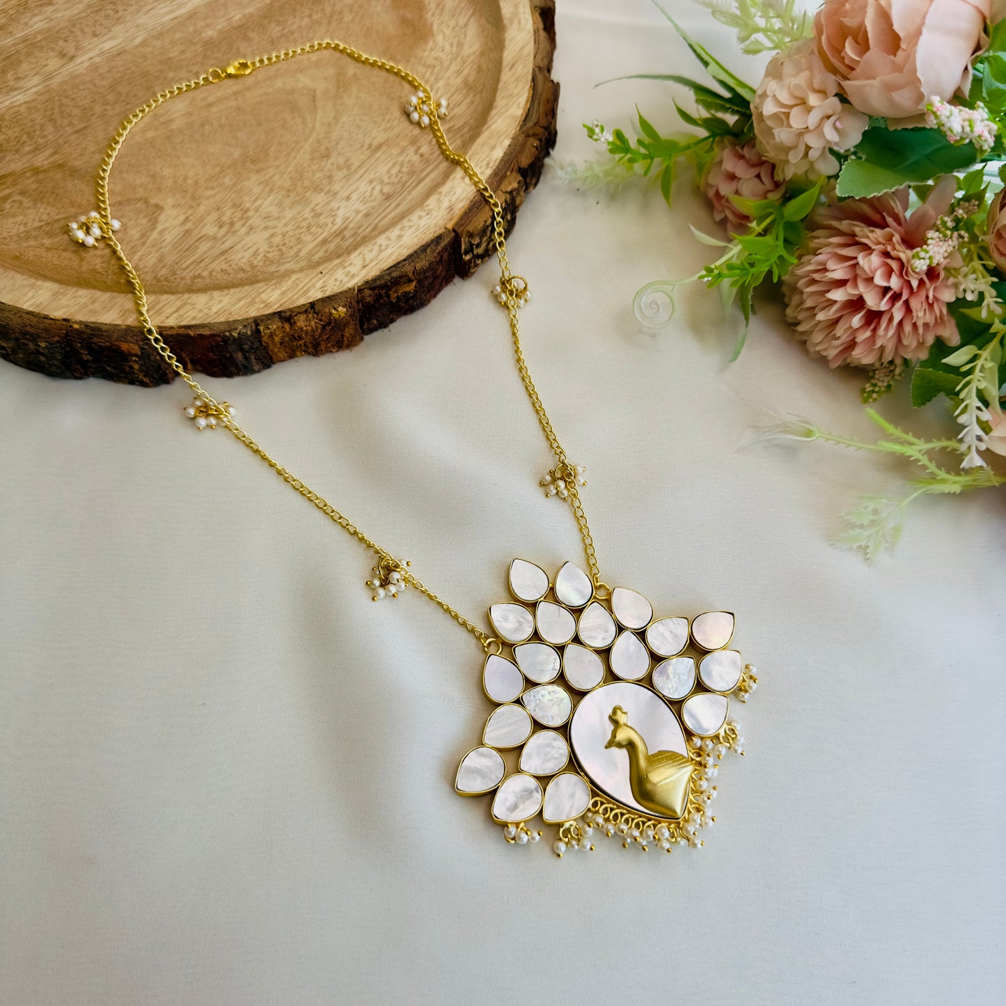 MOP Peacock Long chain pendant