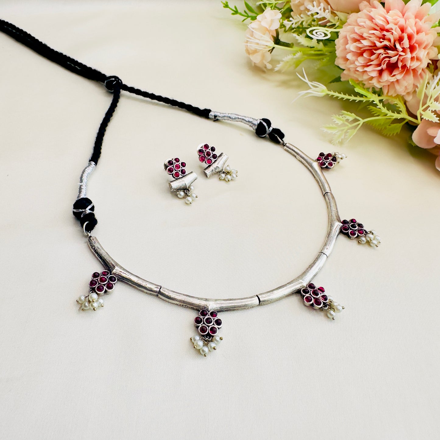 Delicate Design Silver Ruby Hasli Set