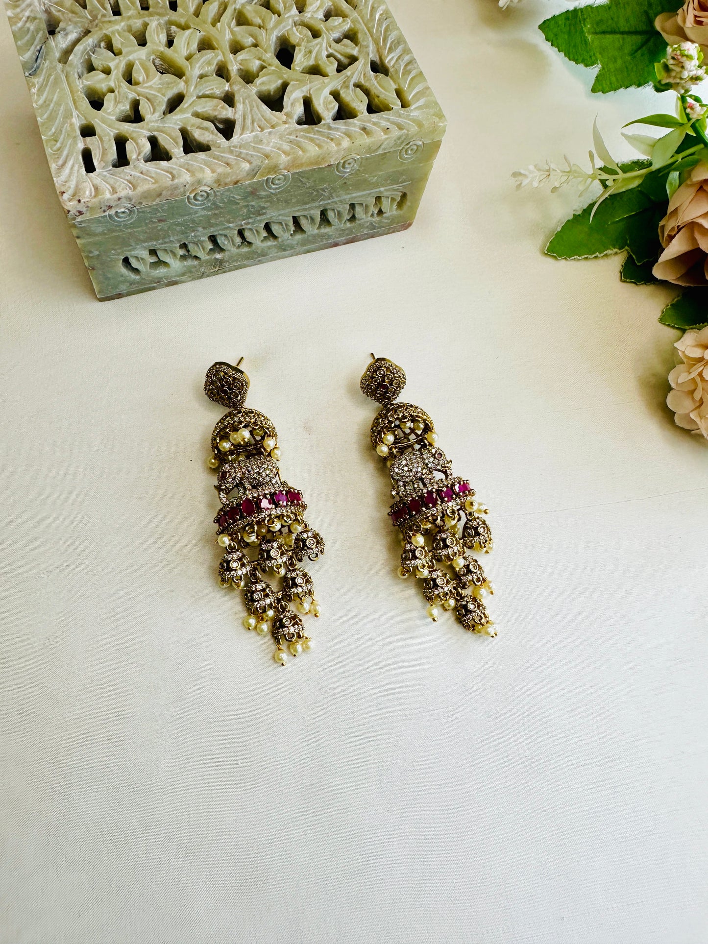 3D Elephant motif AD Atique Polish Long Jhumka Earrings