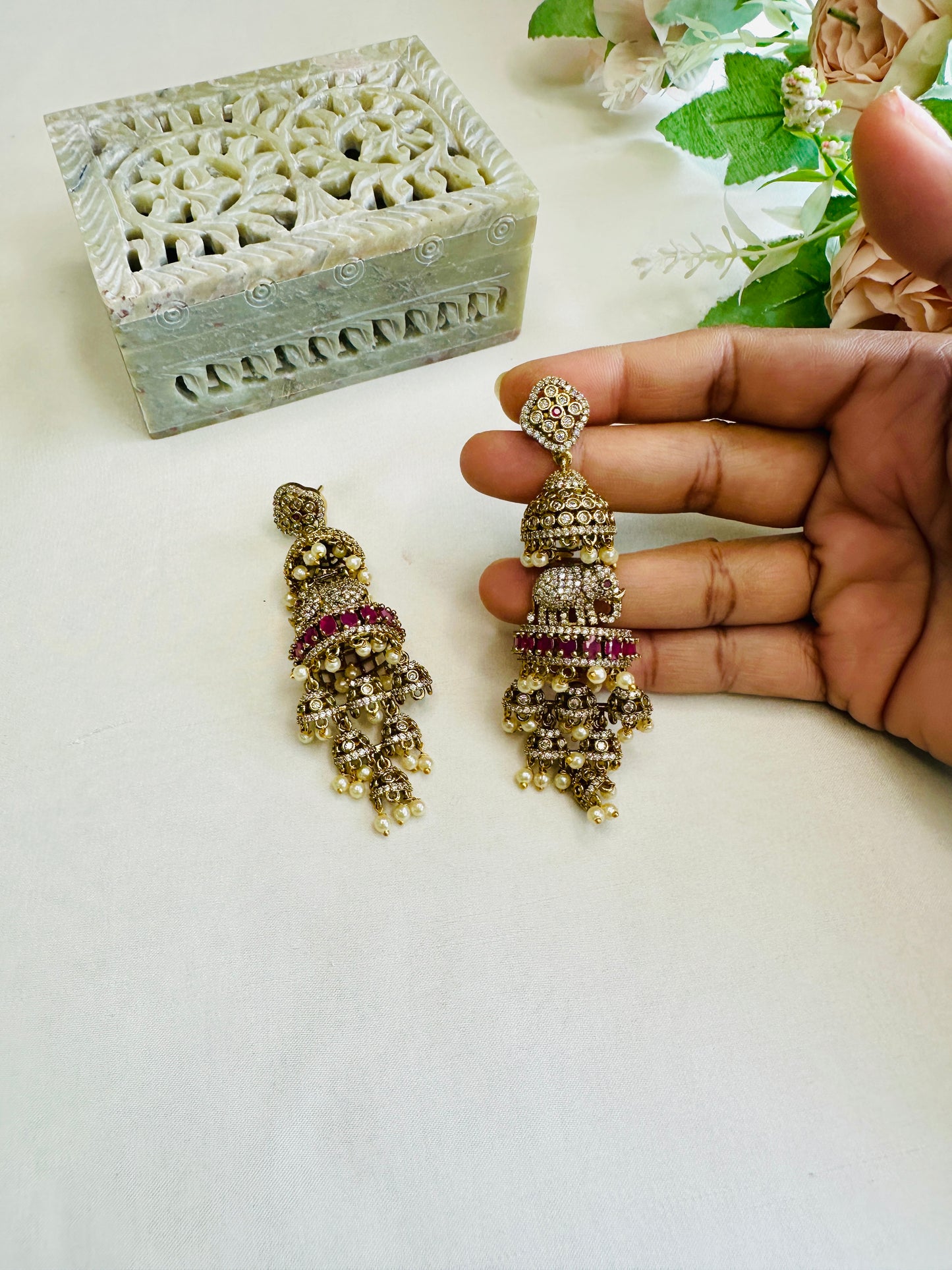 3D Elephant motif AD Atique Polish Long Jhumka Earrings