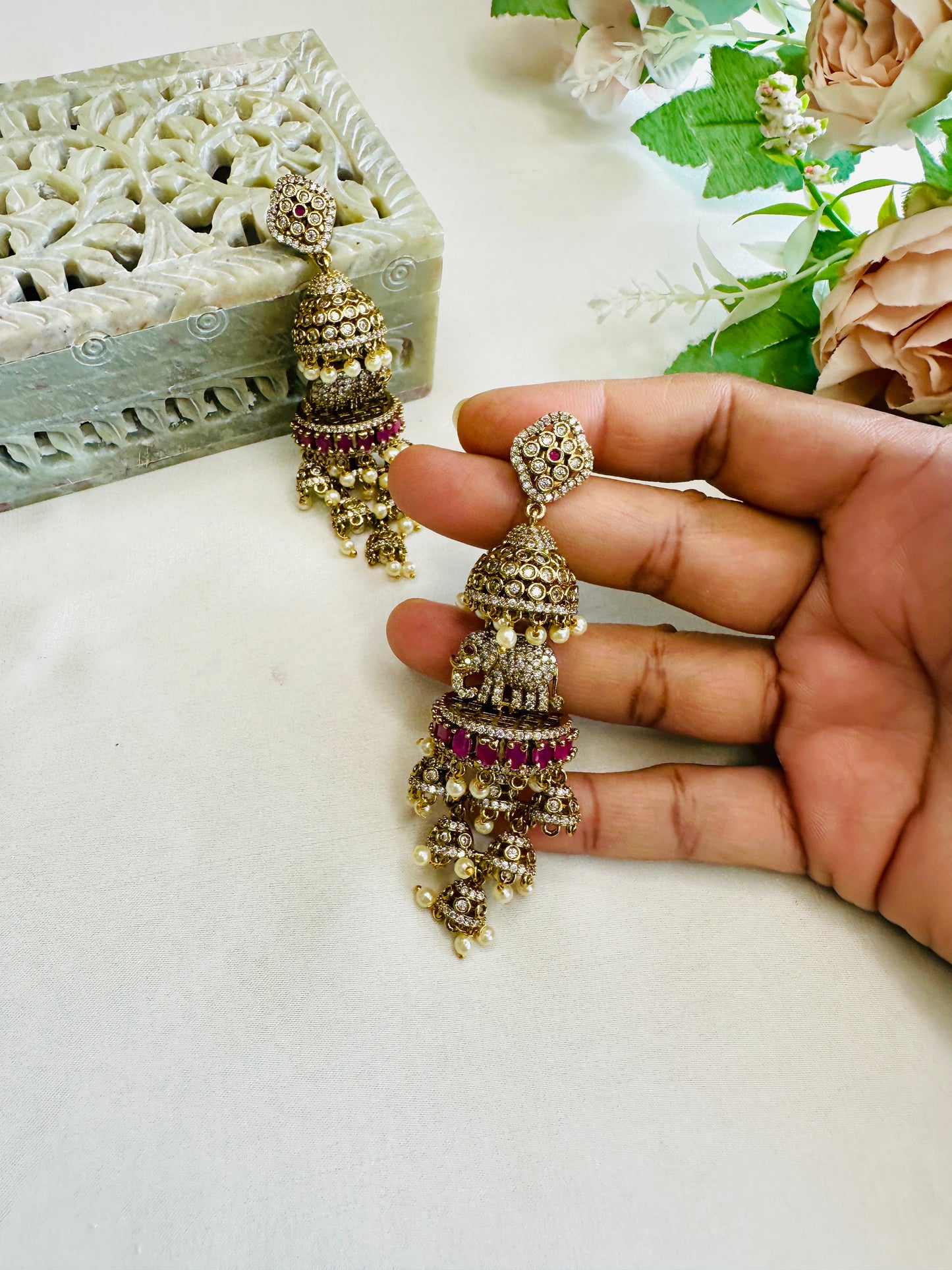 3D Elephant motif AD Atique Polish Long Jhumka Earrings