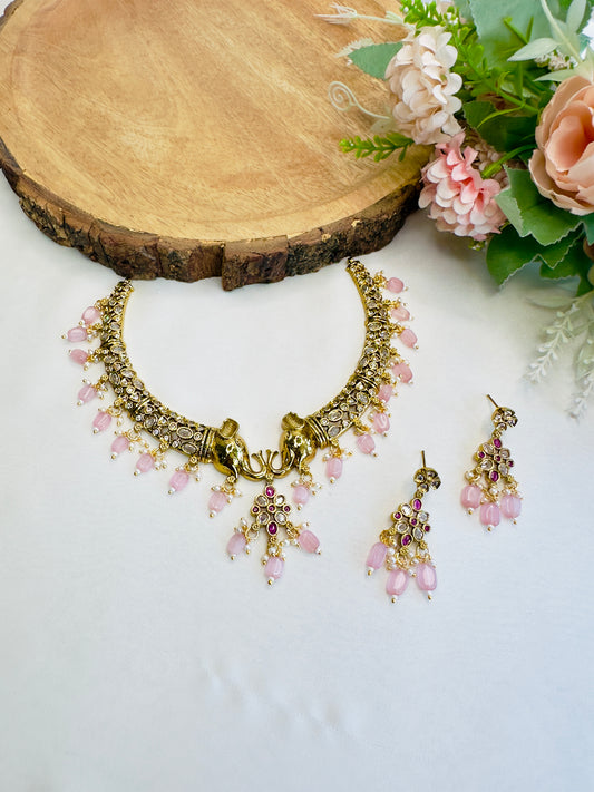 Pink Beads Elephant Motif Hasli Set