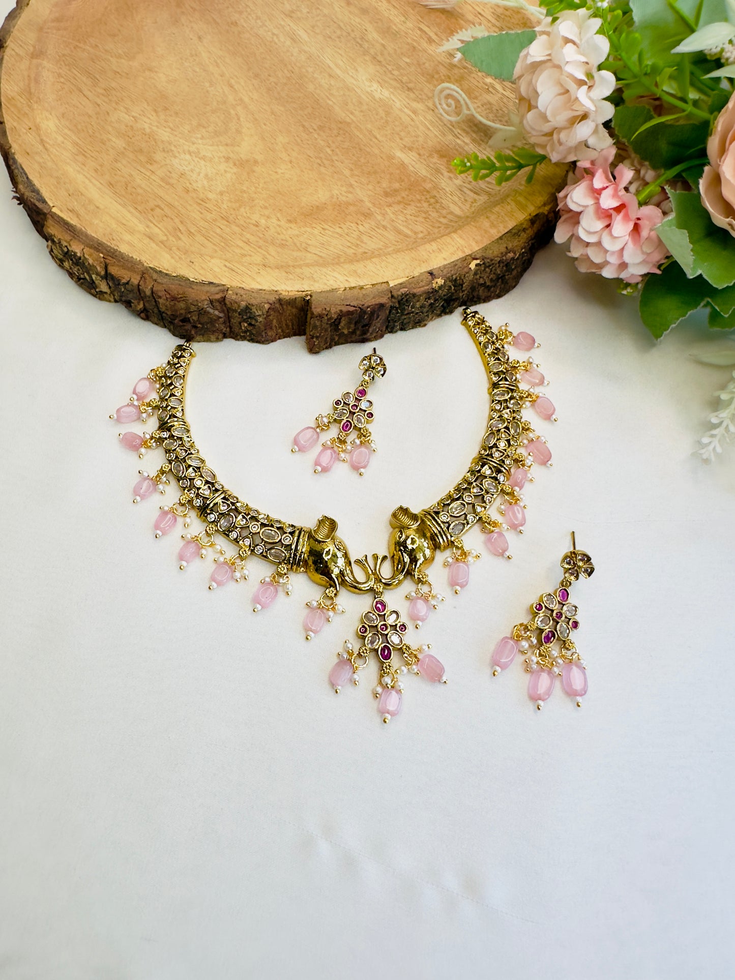 Pink Beads Elephant Motif Hasli Set
