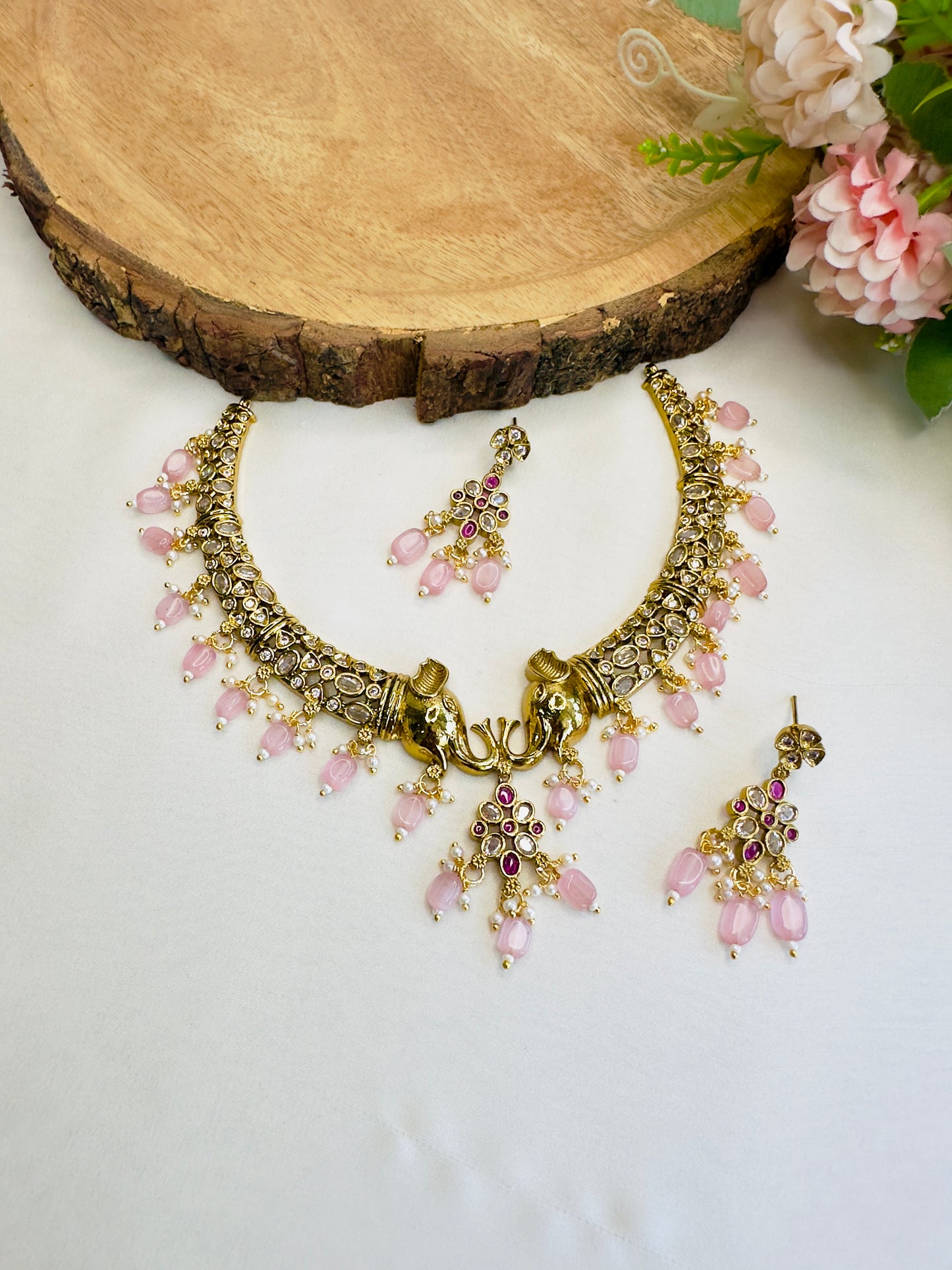 Pink Beads Elephant Motif Hasli Set