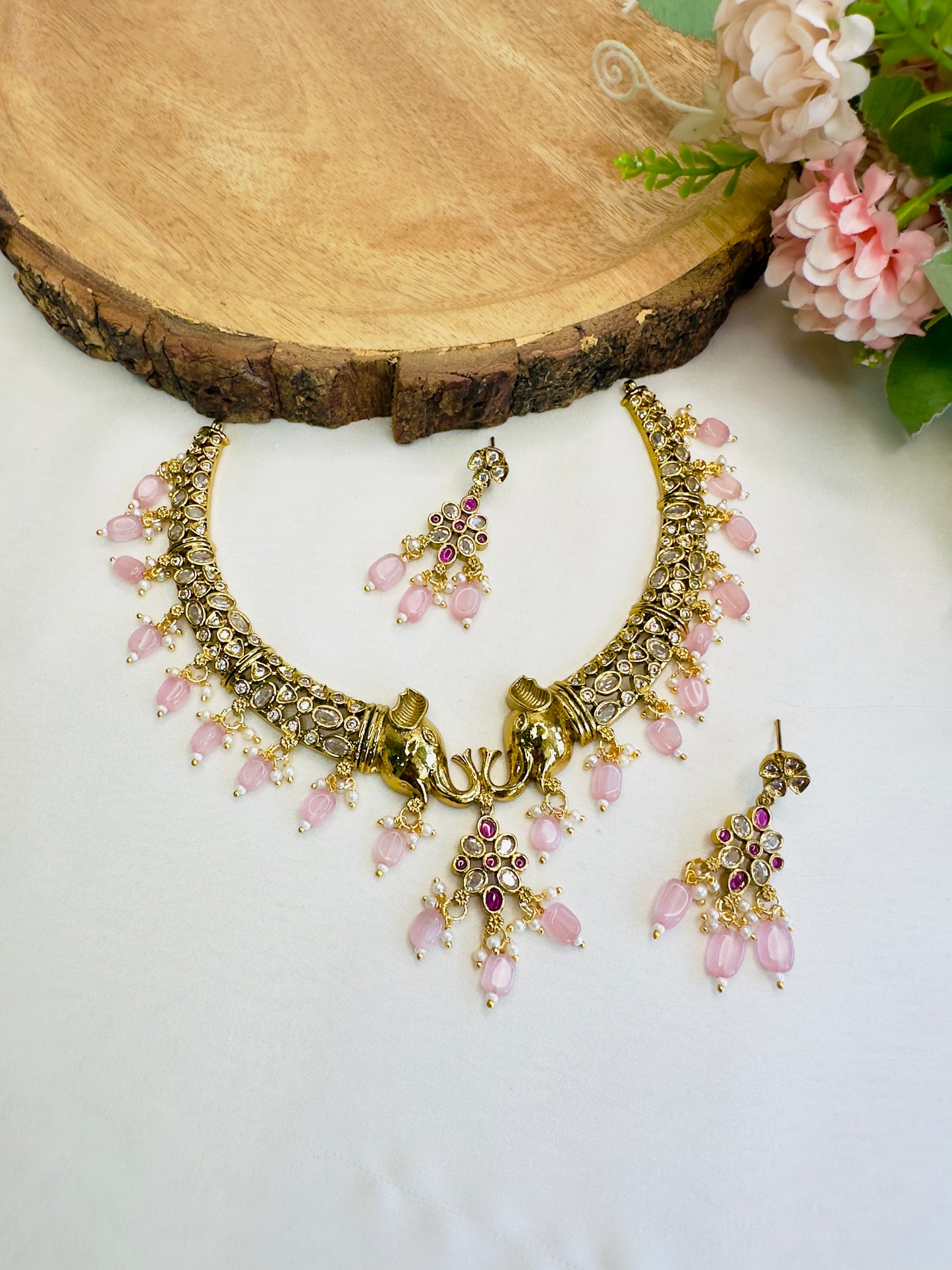 Pink Beads Elephant Motif Hasli Set