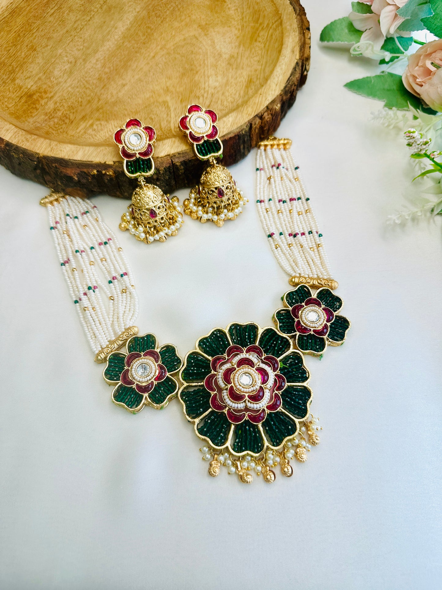 Three Flower Rajwadi Necklace Set