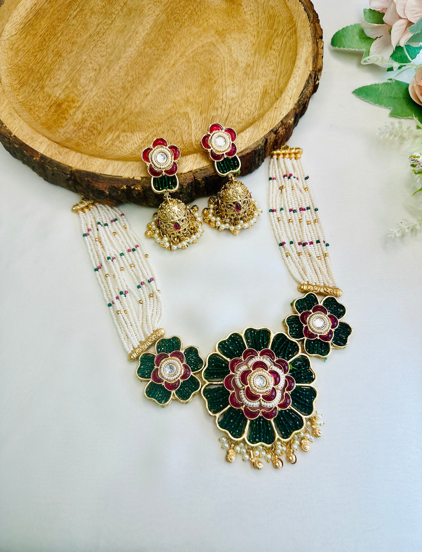 Three Flower Rajwadi Necklace Set