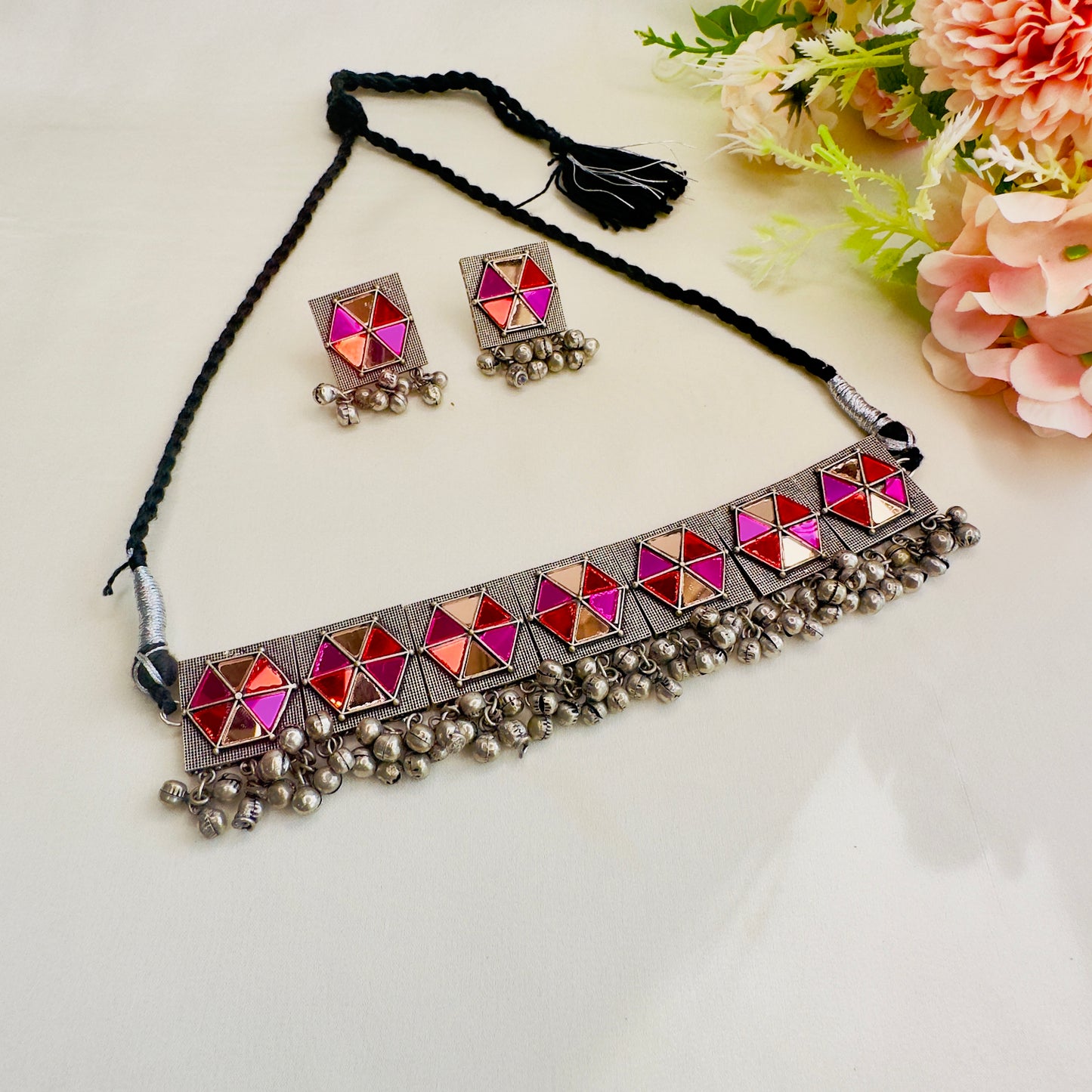 Pink Orange Silver Choker Set