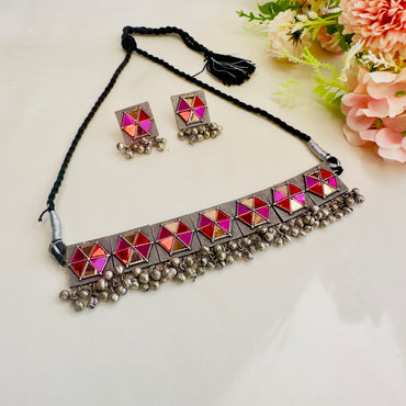 Pink Orange Silver Choker Set