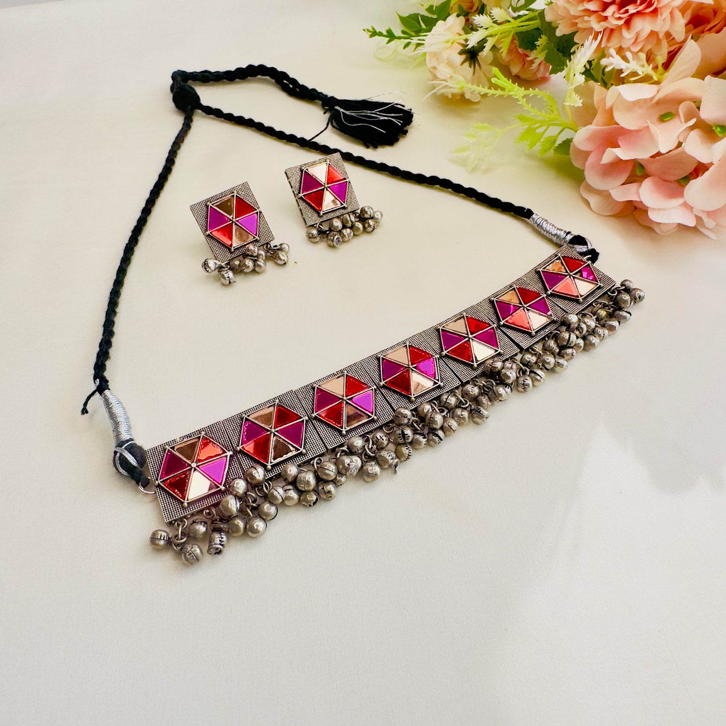 Pink Orange Silver Choker Set