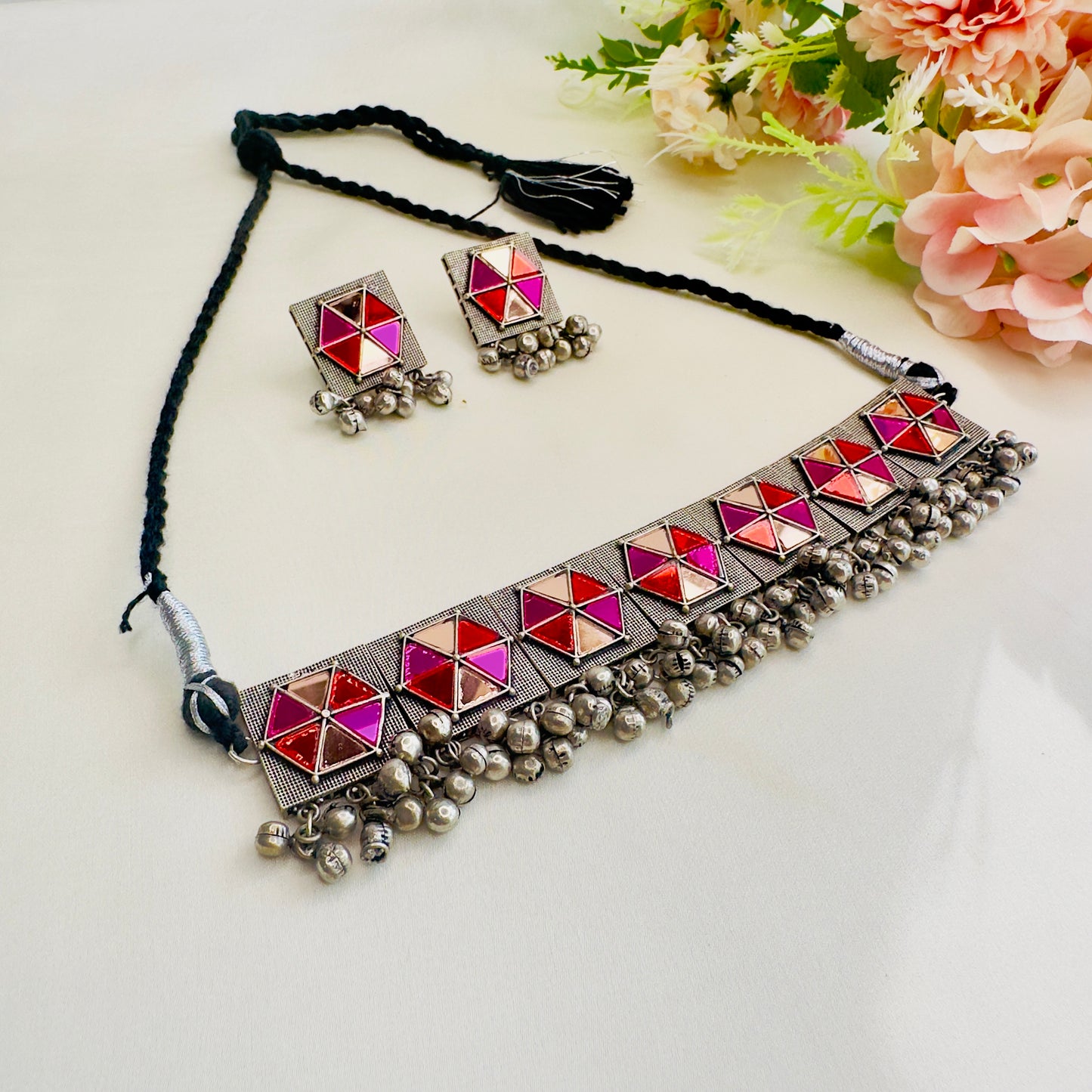 Pink Orange Silver Choker Set