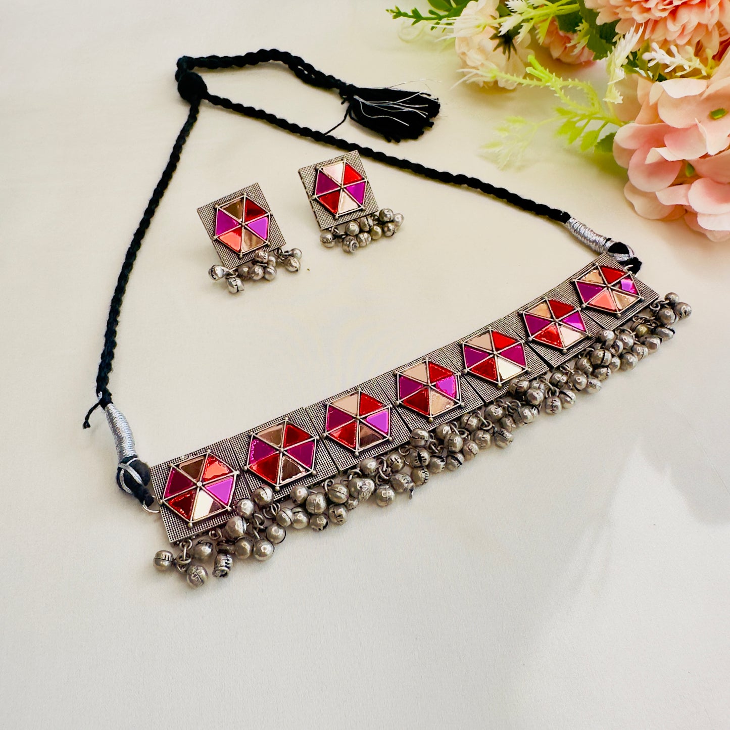 Pink Orange Silver Choker Set