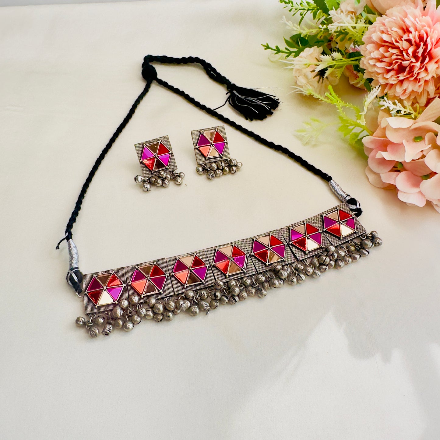 Pink Orange Silver Choker Set