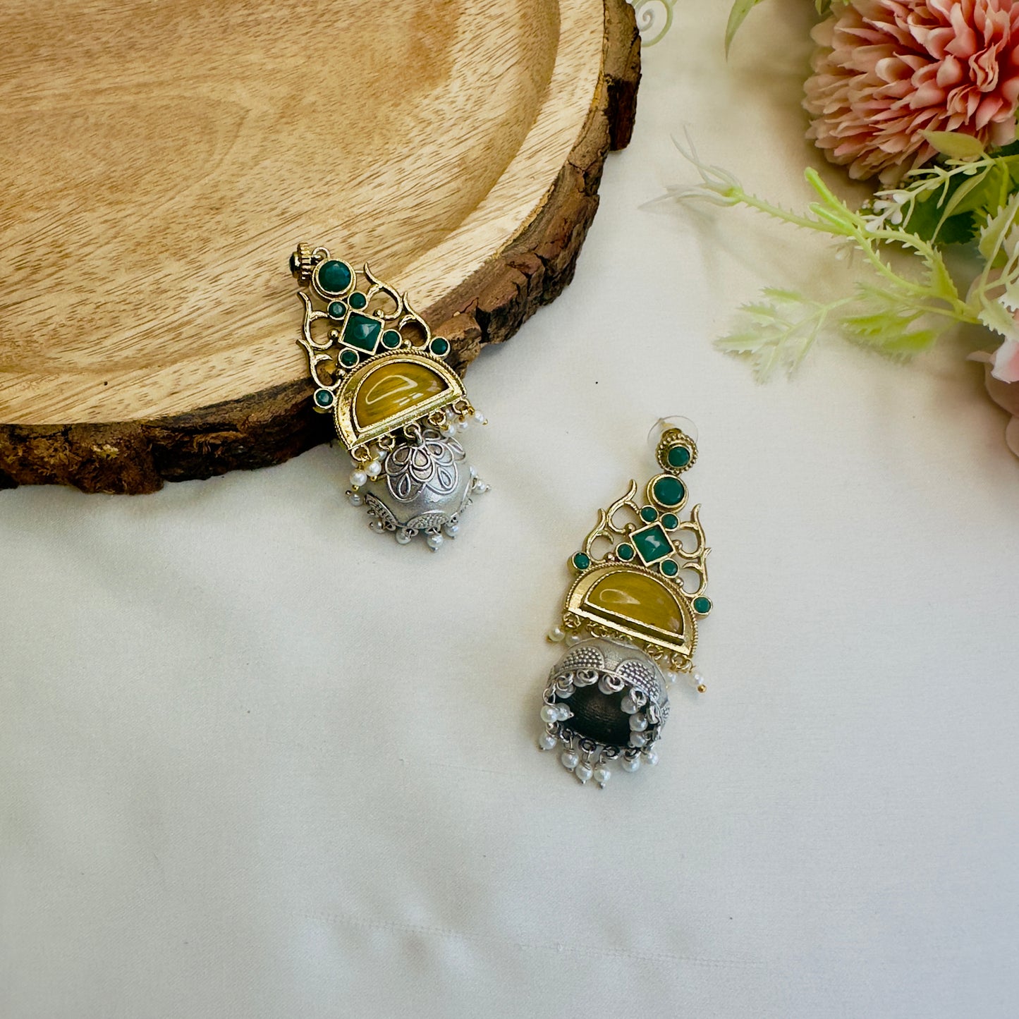 Silver Replica Small Jhumki with Monalisa Stone