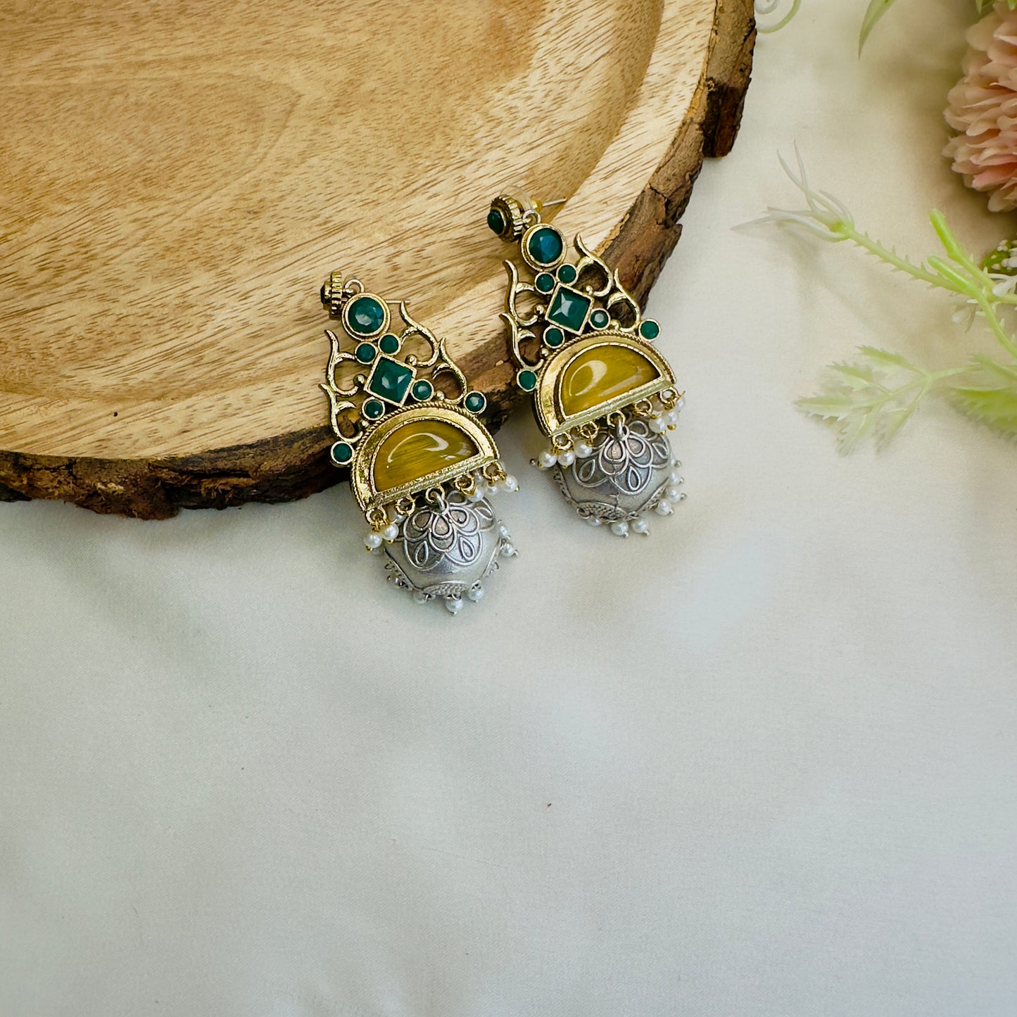 Silver Replica Small Jhumki with Monalisa Stone