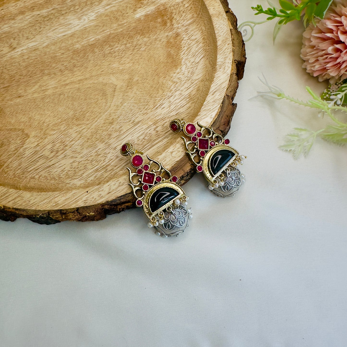 Silver Replica Small Jhumki with Monalisa Stone
