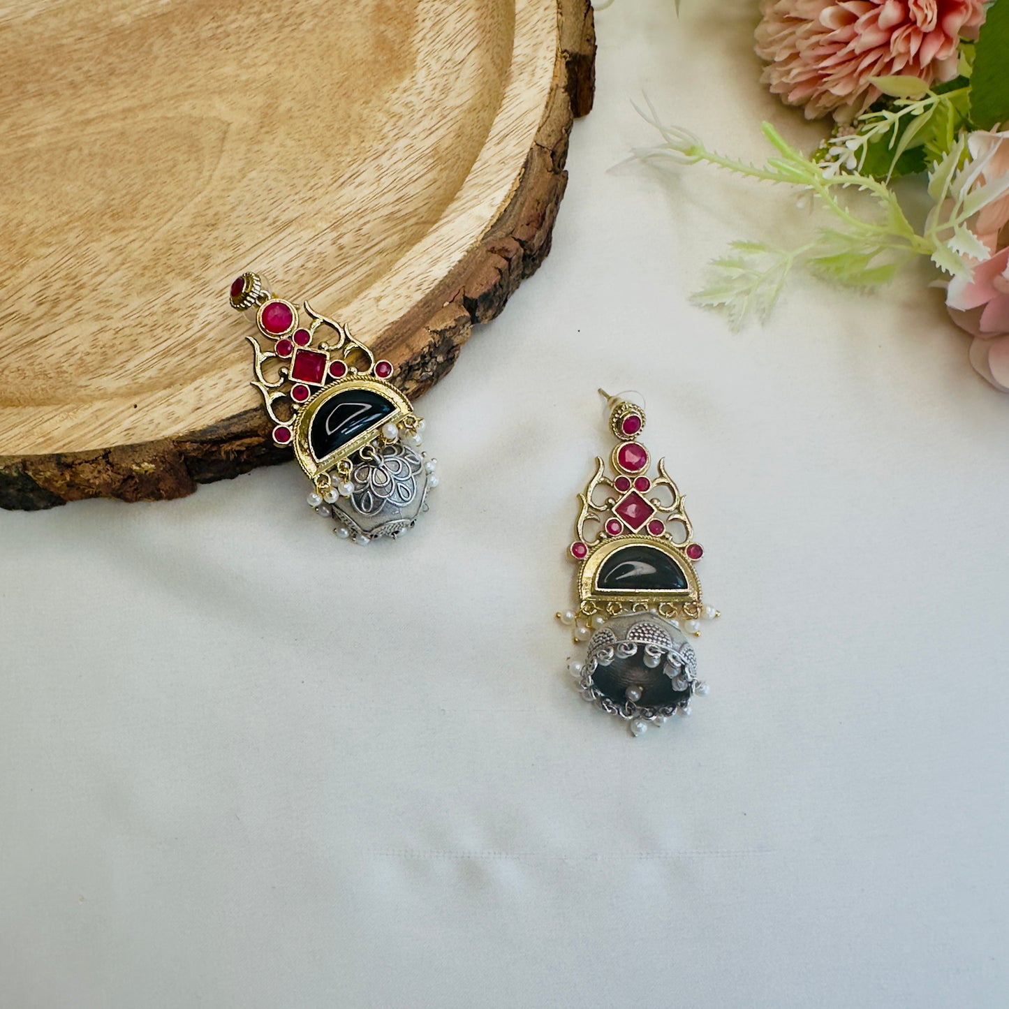 Silver Replica Small Jhumki with Monalisa Stone