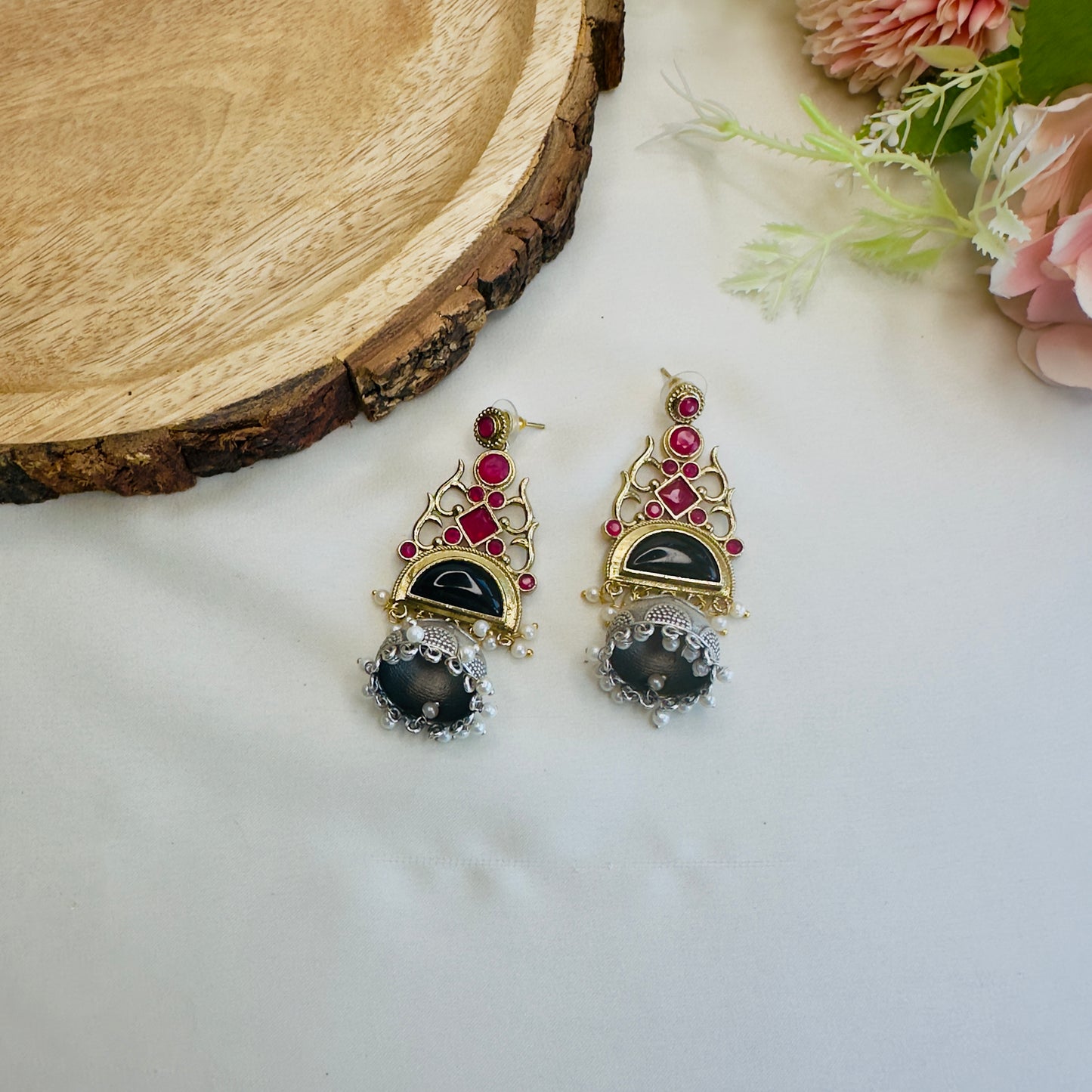 Silver Replica Small Jhumki with Monalisa Stone