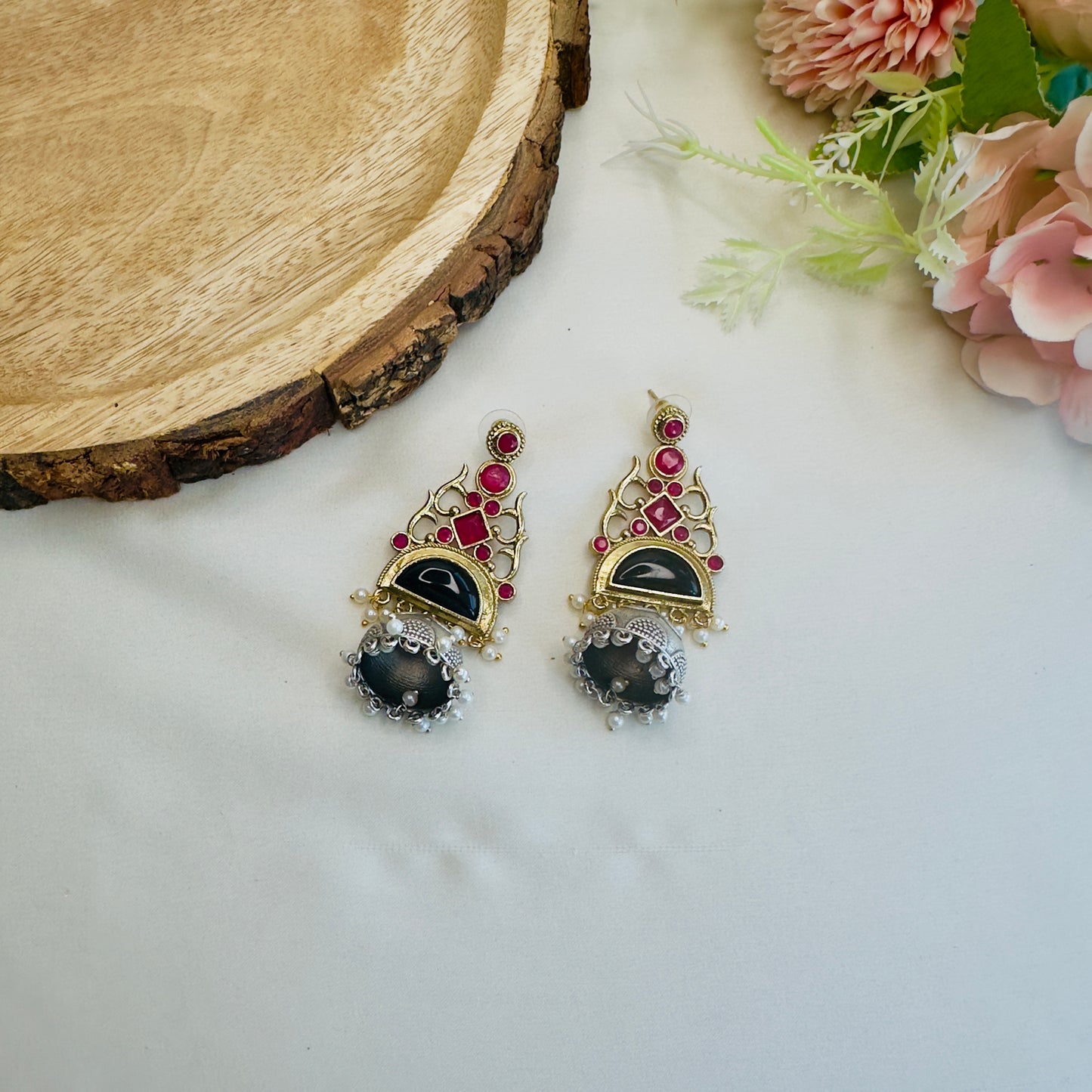Silver Replica Small Jhumki with Monalisa Stone