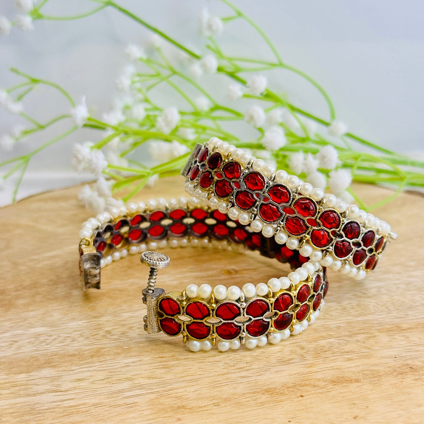 Pachi Kundan Ruby Bangles