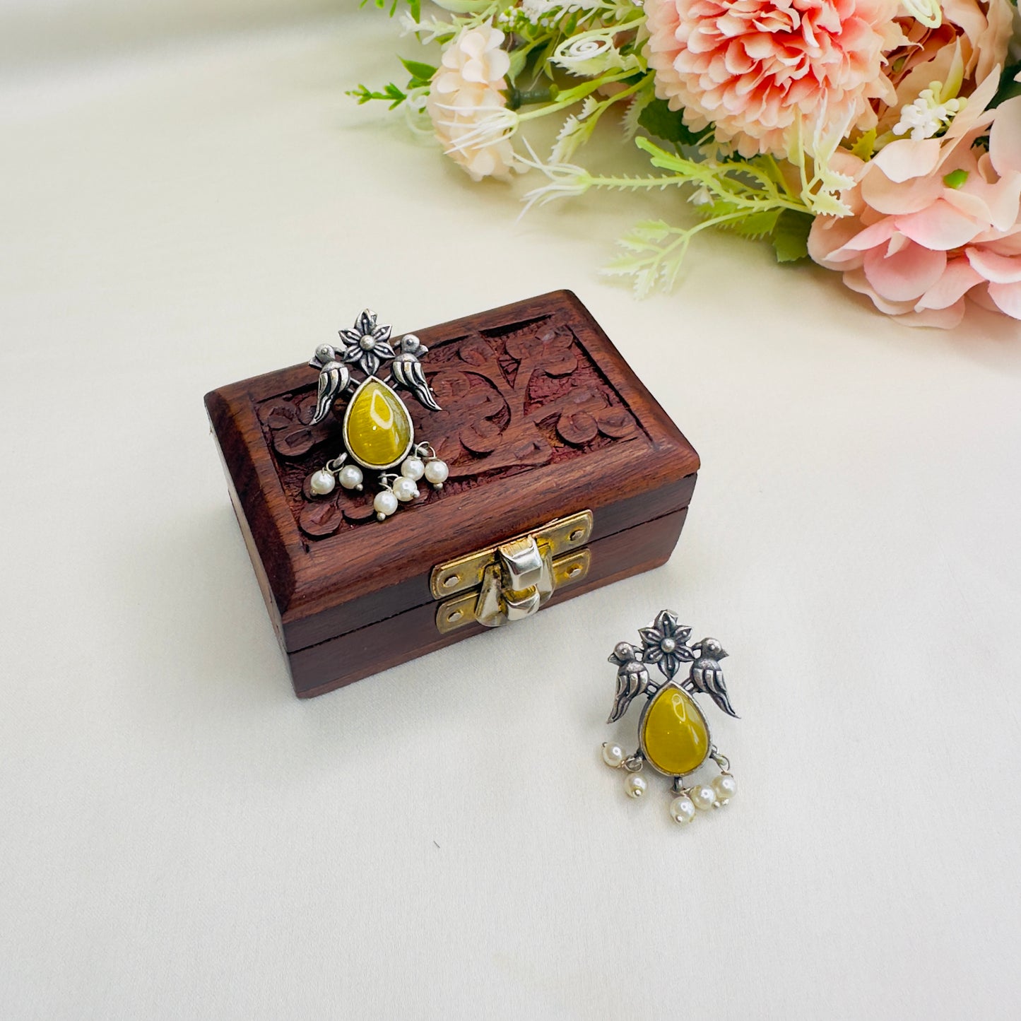 Bird Motif Monalisa Stone Silver Replica Stud