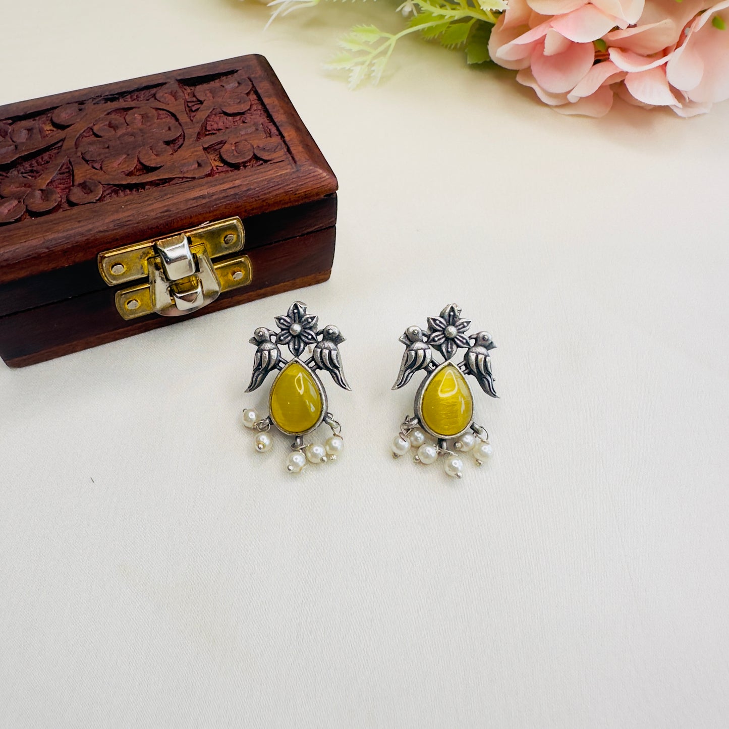 Bird Motif Monalisa Stone Silver Replica Stud