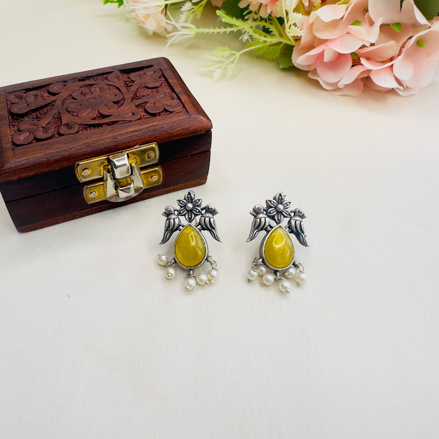 Bird Motif Monalisa Stone Silver Replica Stud