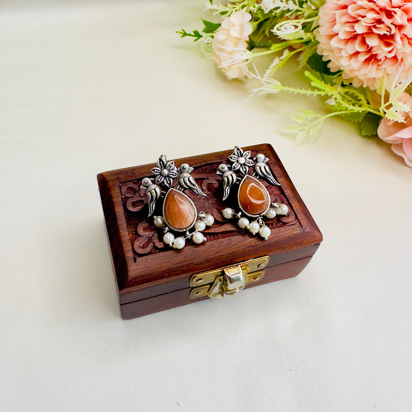 Bird Motif Monalisa Stone Silver Replica Stud