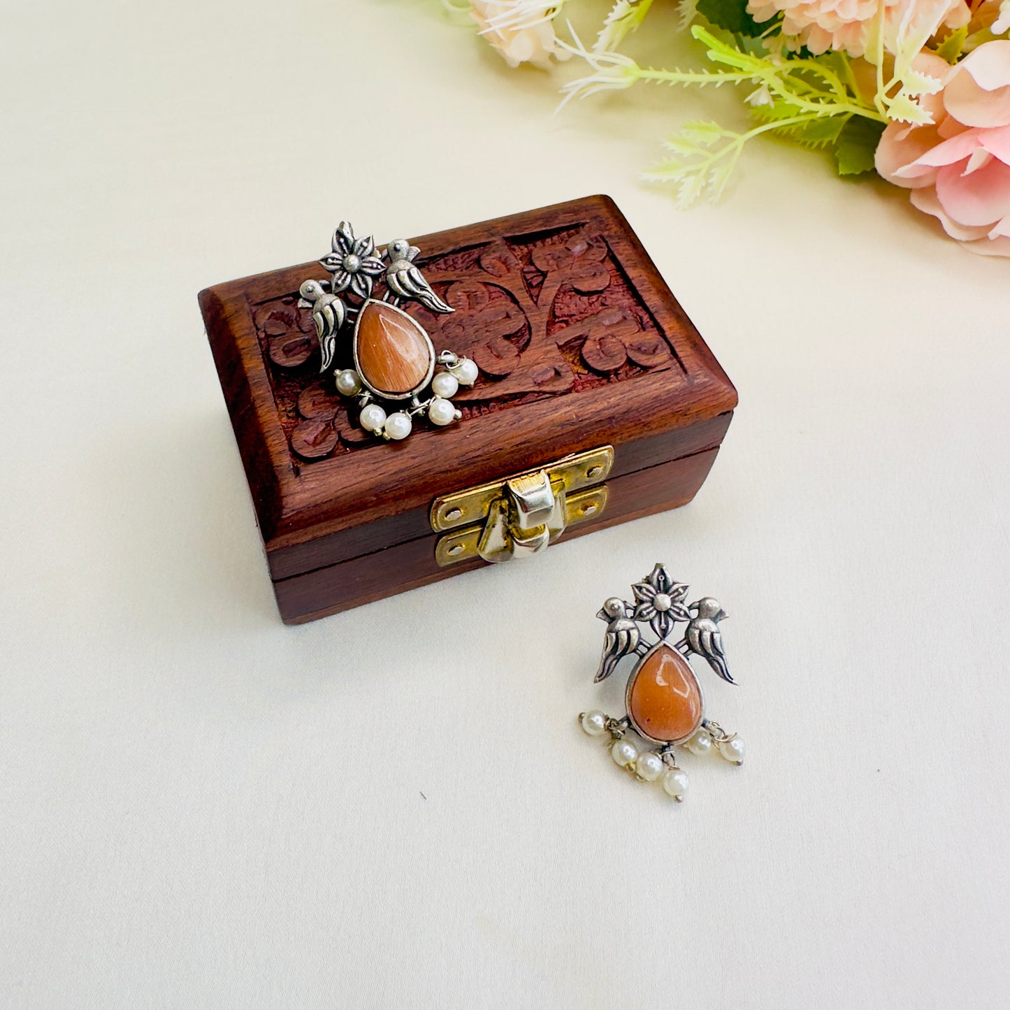 Bird Motif Monalisa Stone Silver Replica Stud