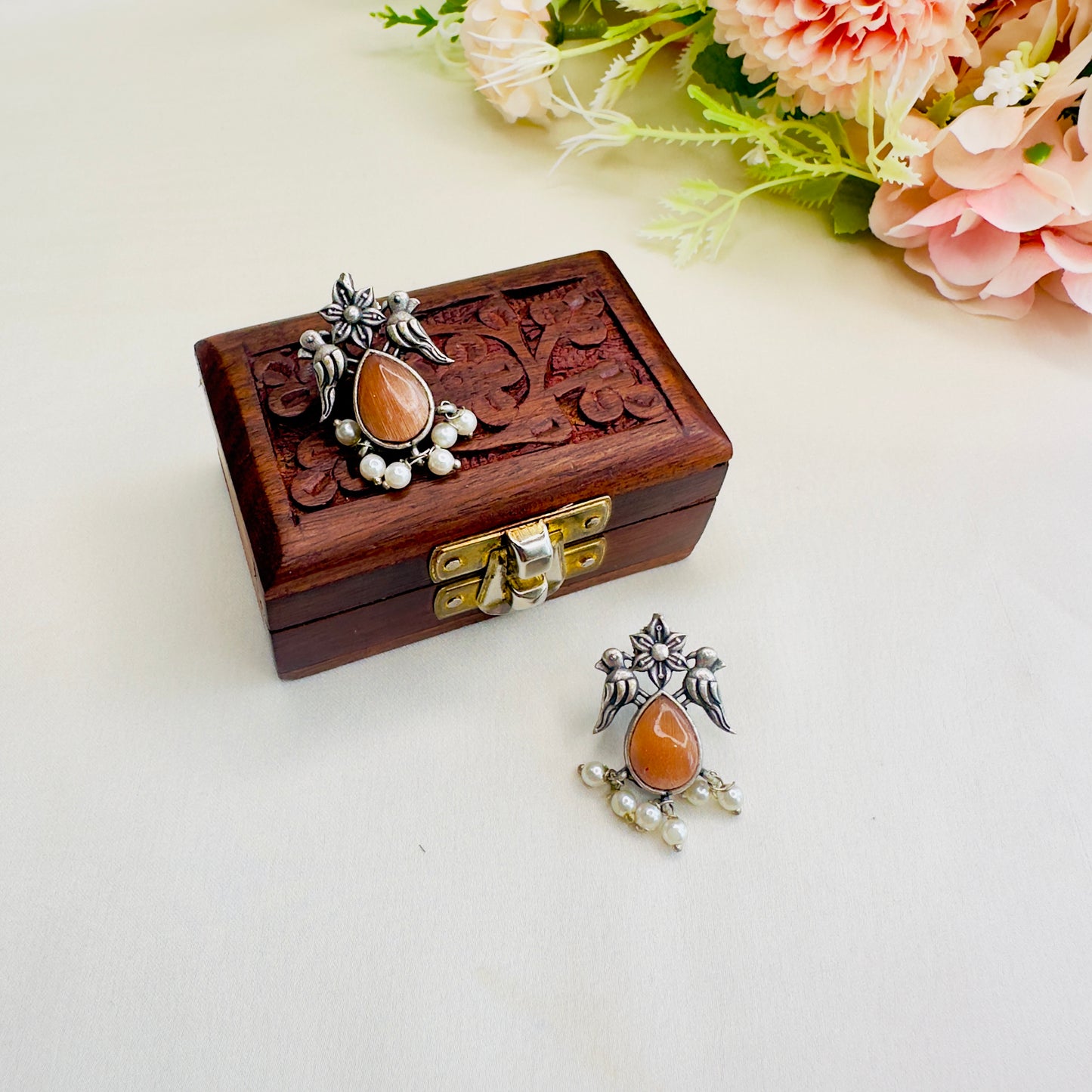 Bird Motif Monalisa Stone Silver Replica Stud