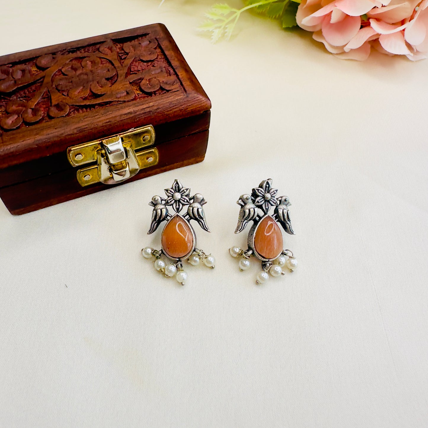 Bird Motif Monalisa Stone Silver Replica Stud