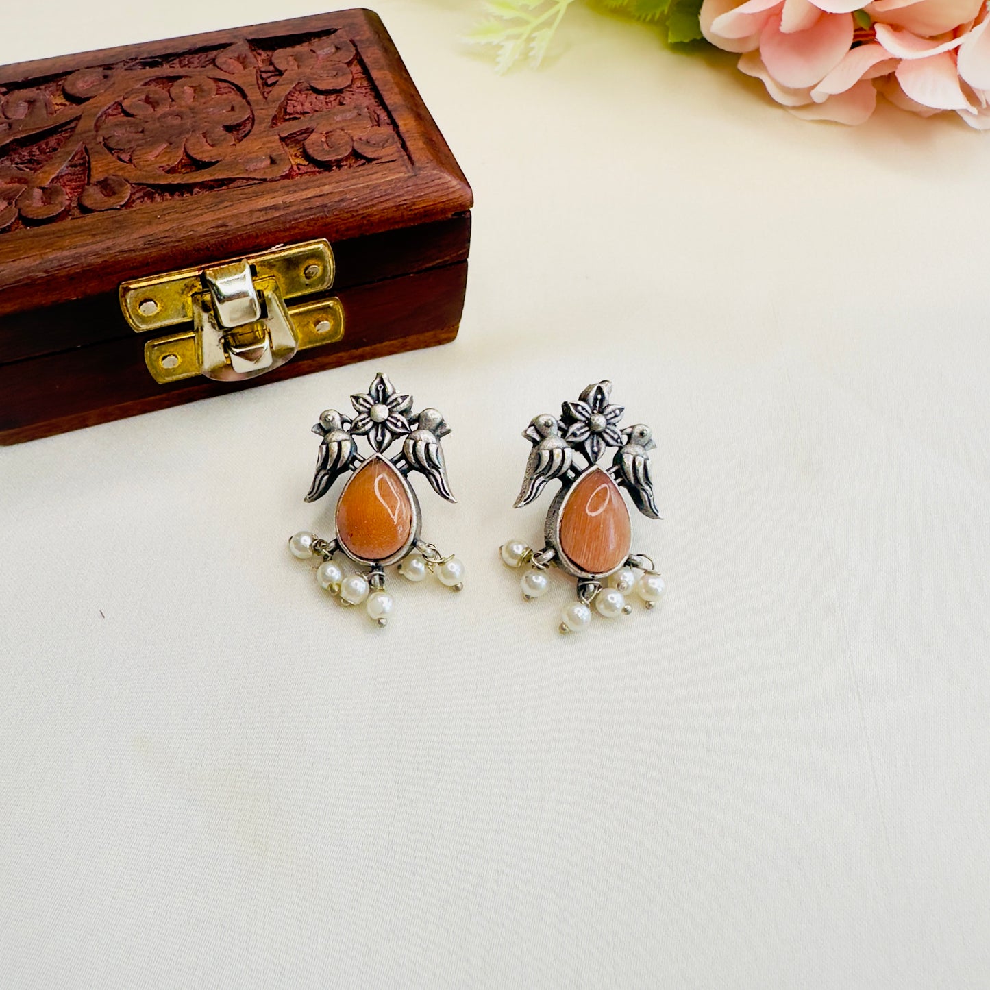 Bird Motif Monalisa Stone Silver Replica Stud
