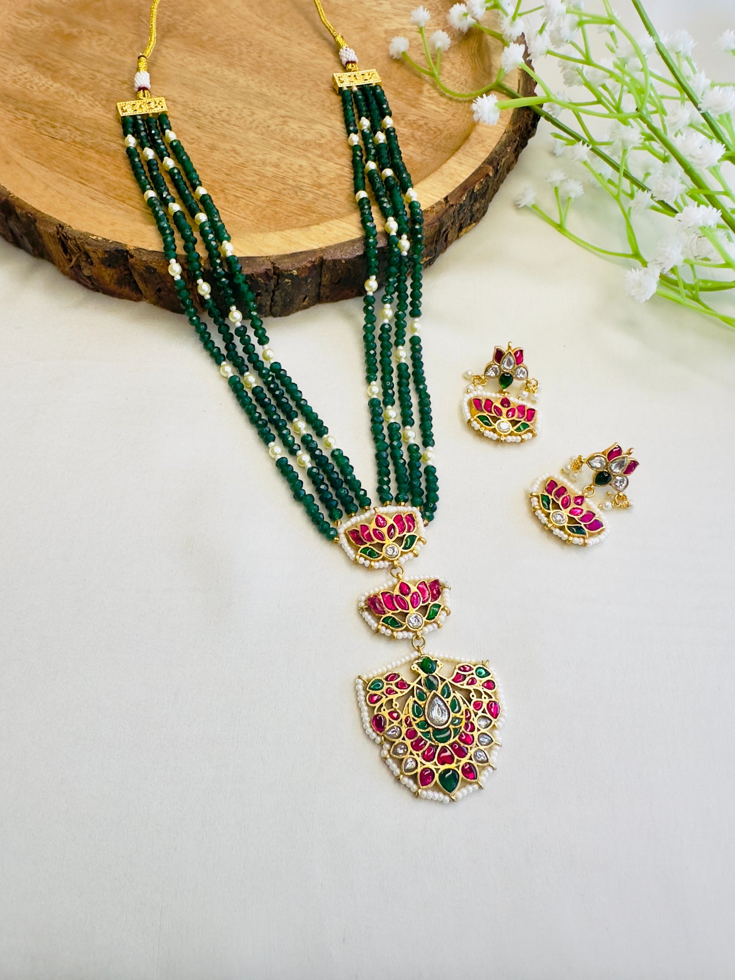 Three Jadau Pendant Green Necklace Set