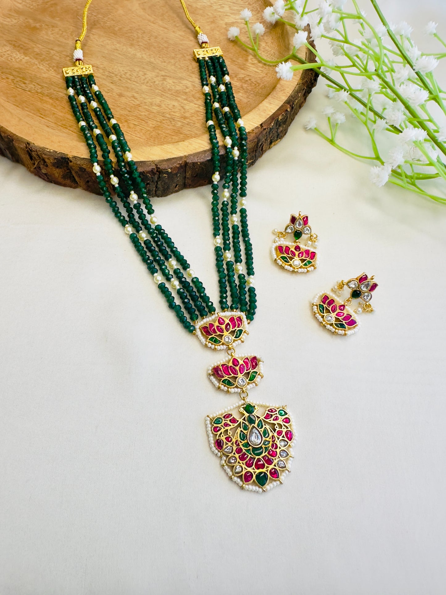 Three Jadau Pendant Green Necklace Set