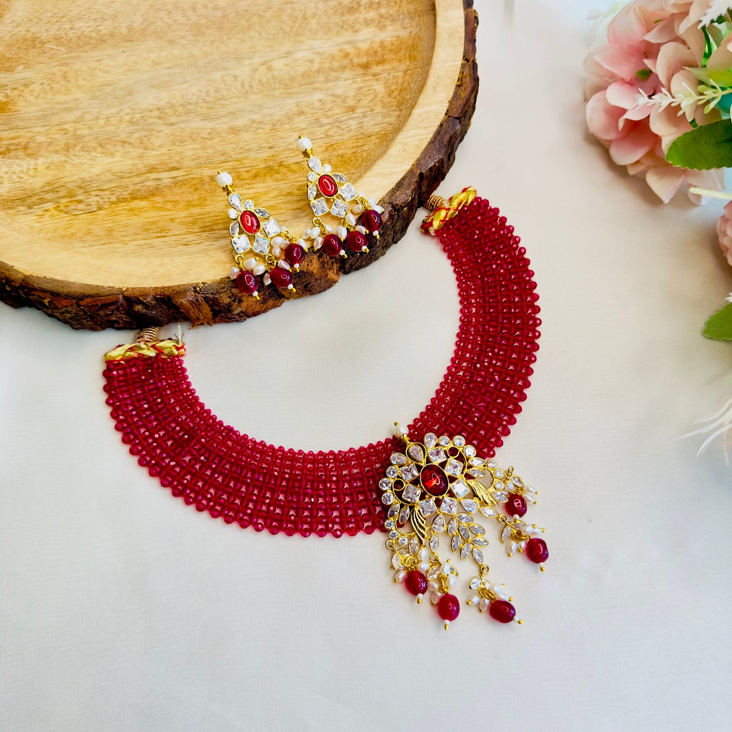Ruby Pink AD Onyx Beads Necklace Set