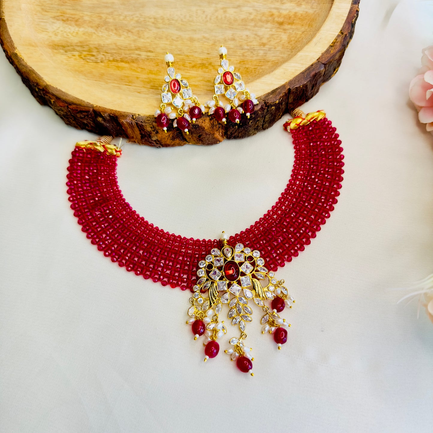 Ruby Pink AD Onyx Beads Necklace Set