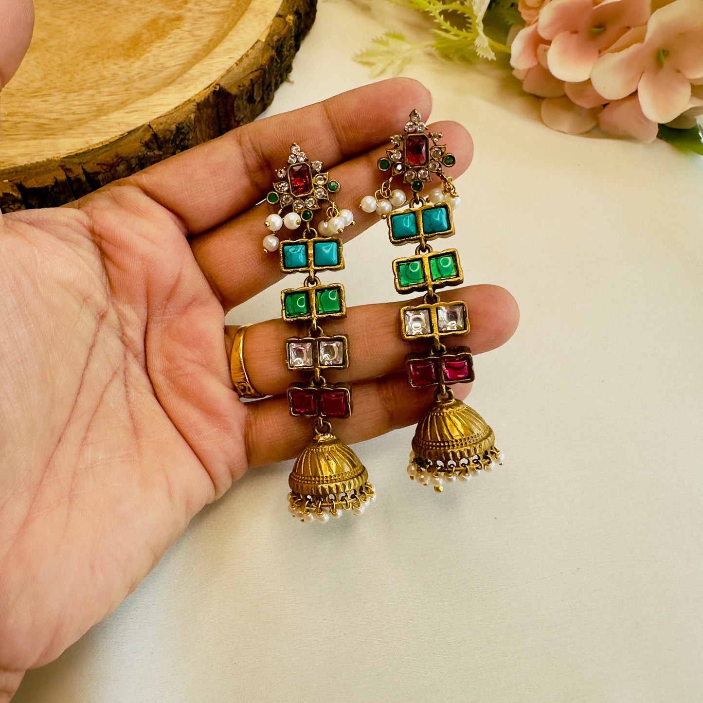 Multicolor Long small Apala Polish Jhumki Earrings