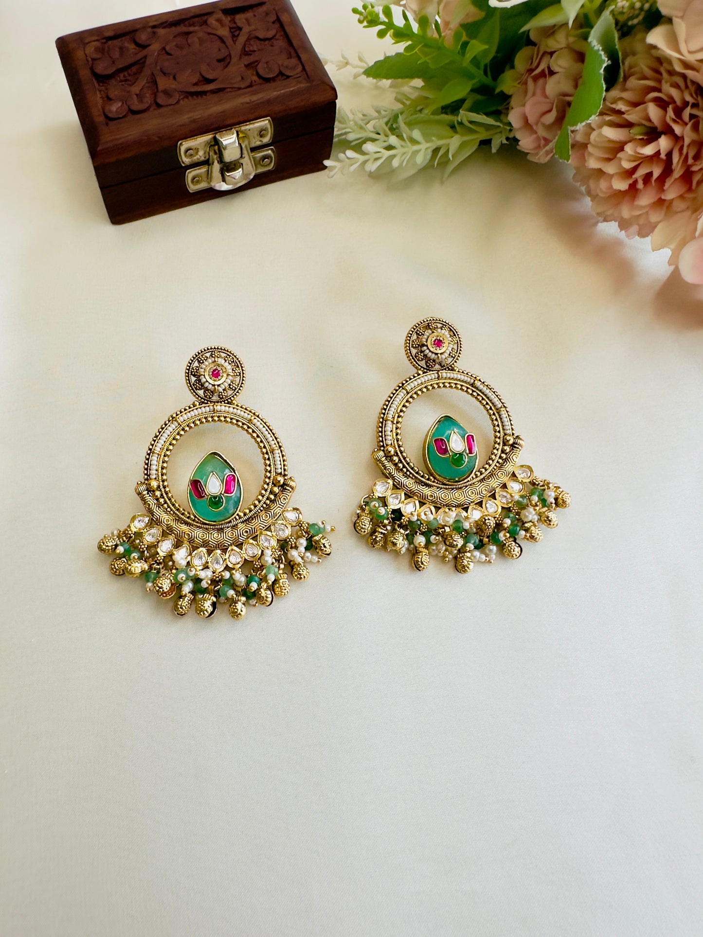 Mint Kundan Chandbali Earrings