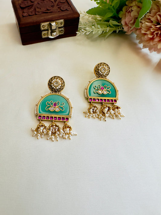 Mint Three Jhumki Earrings
